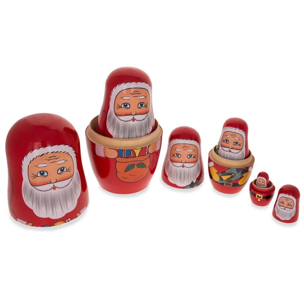 Set Of 6 Santa With Christmas Gifts Wooden Nesting Dolls 5.5 Inches