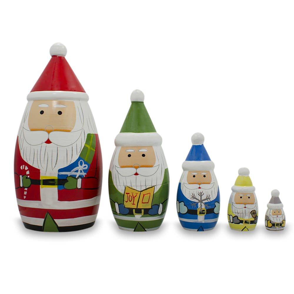 Set Of 5 Multicolor Santa With Christmas Gifts Wooden Nesting Dolls 5.5 Inches