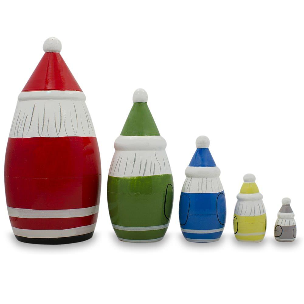 Set Of 5 Multicolor Santa With Christmas Gifts Wooden Nesting Dolls 5.5 Inches