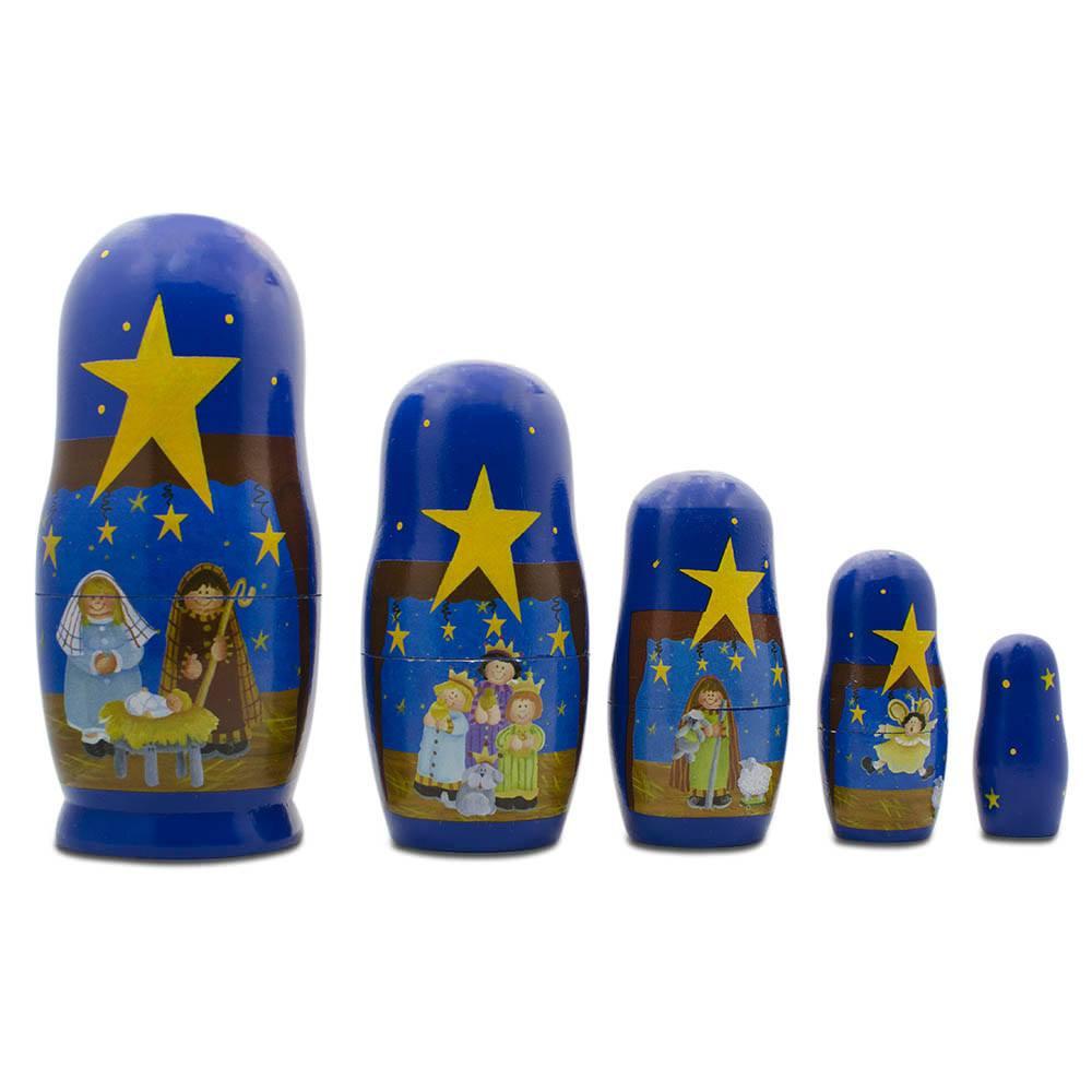 Set Of 5 Nativity Scene Set Wooden Nesting Dolls 5.75 Inches