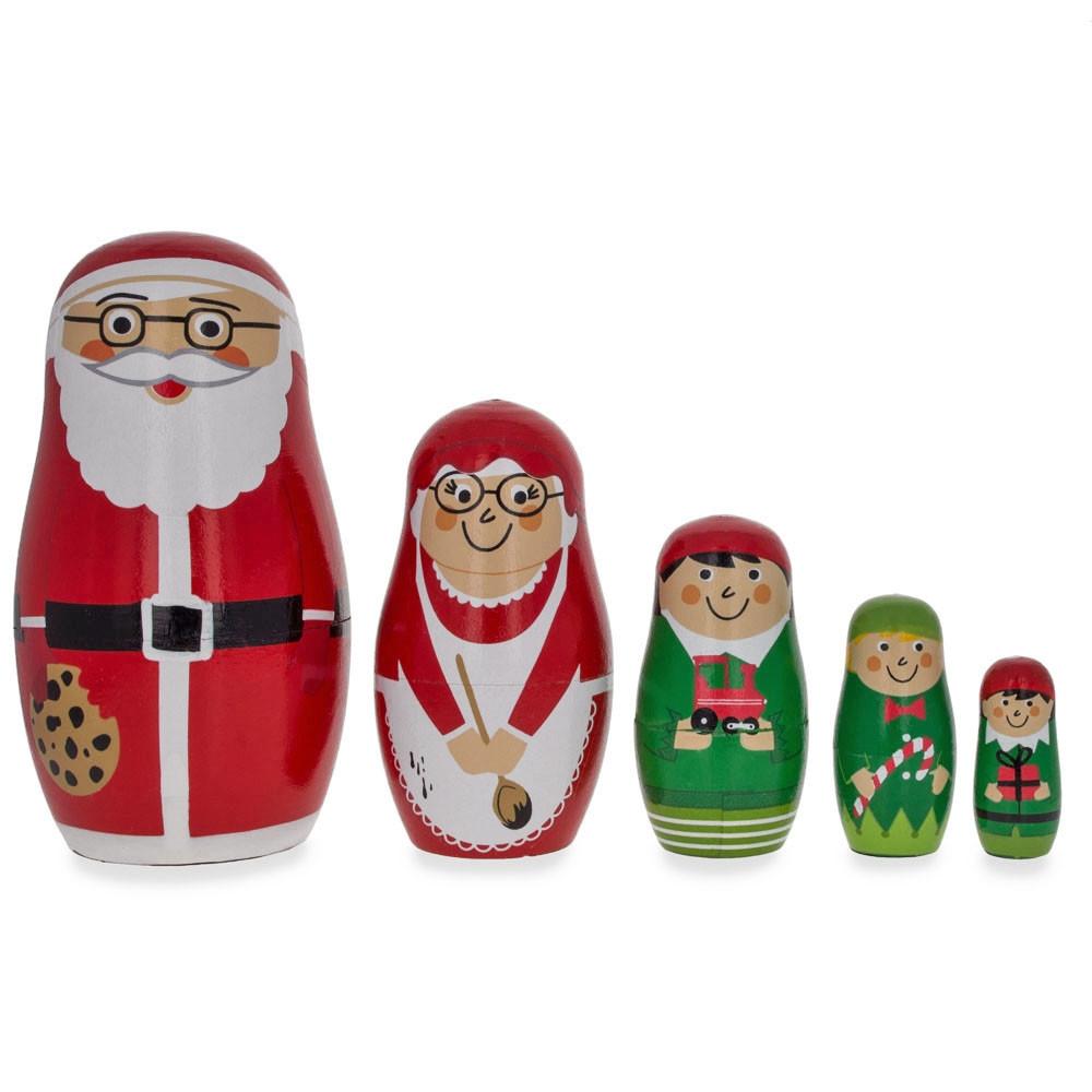 Set Of 5 Santa, Mrs. Claus, Elf & Snowman Wooden Nesting Dolls 4.75 Inches