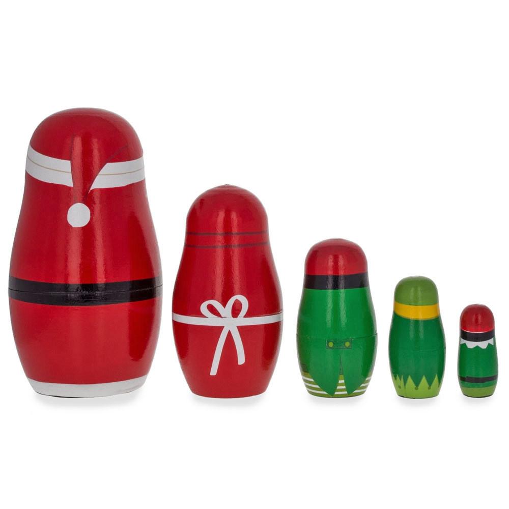 Set Of 5 Santa, Mrs. Claus, Elf & Snowman Wooden Nesting Dolls 4.75 Inches