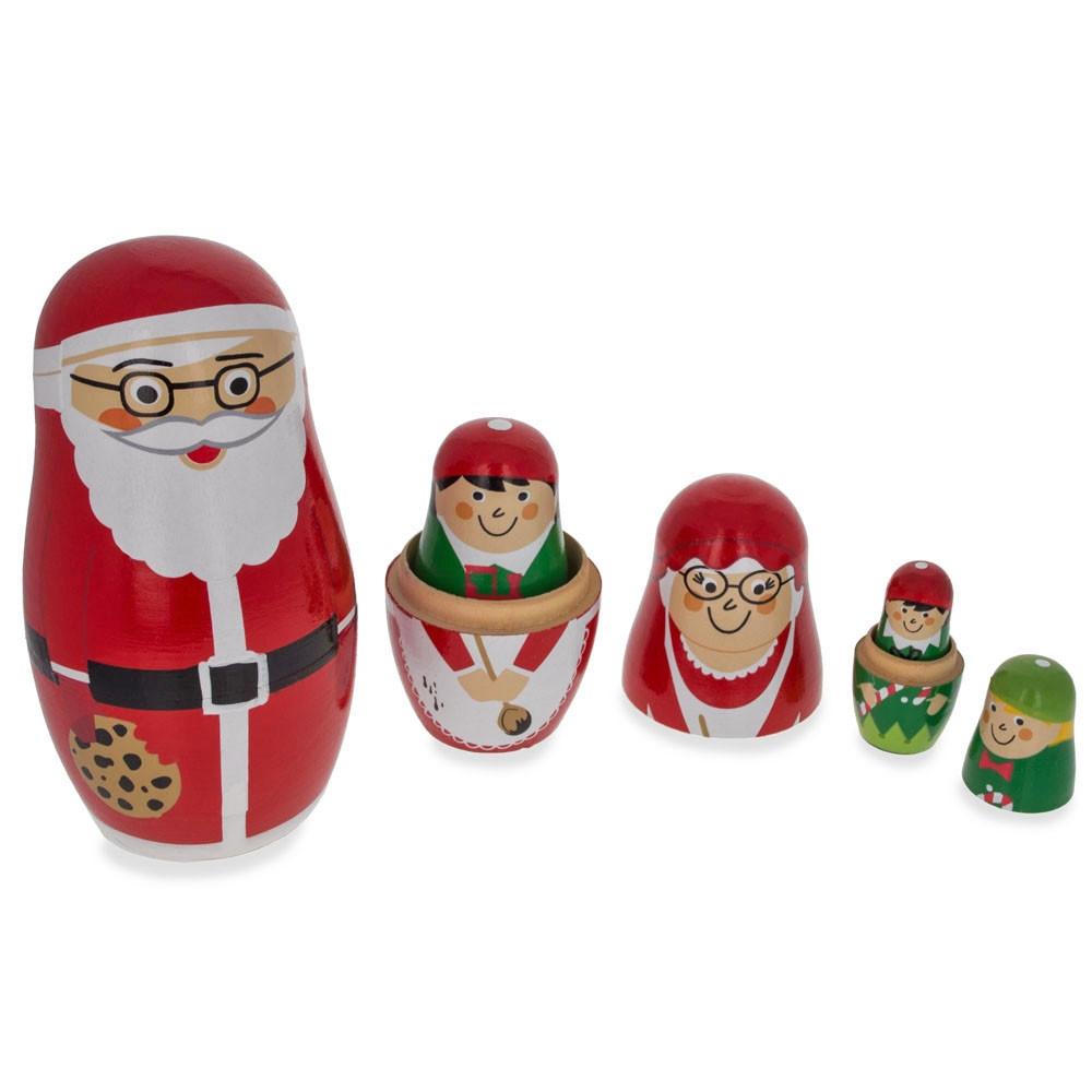 Set Of 5 Santa, Mrs. Claus, Elf & Snowman Wooden Nesting Dolls 4.75 Inches