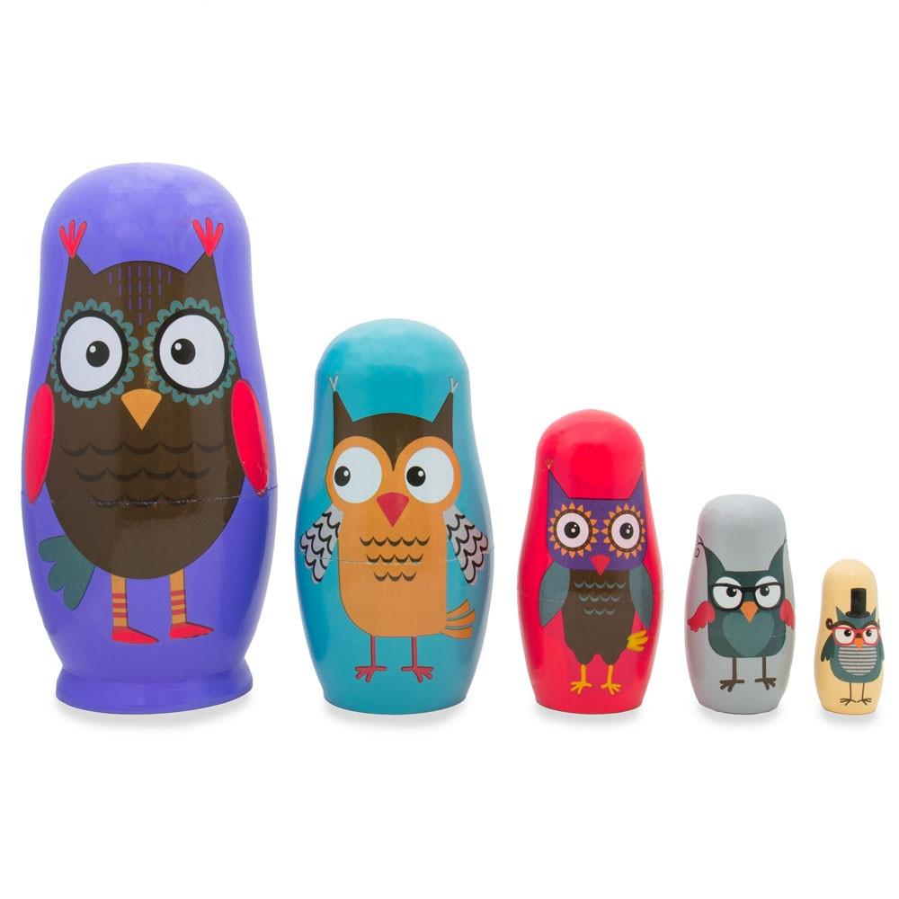 Set Of 5 Wise Owls Family Wooden Nesting Dolls 5.75 Inches