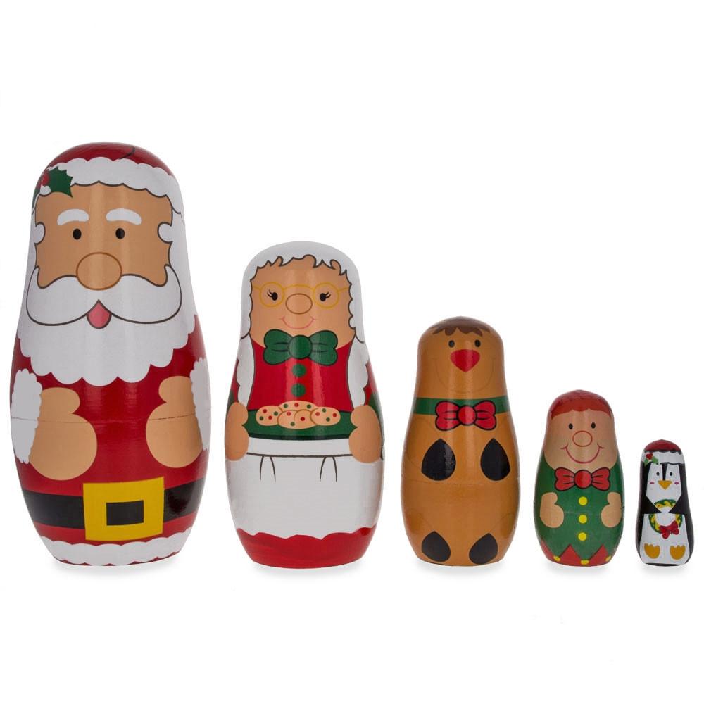 Santa Claus, Mrs. Claus, Reindeer, Elf Wooden Nesting Dolls 6 Inches