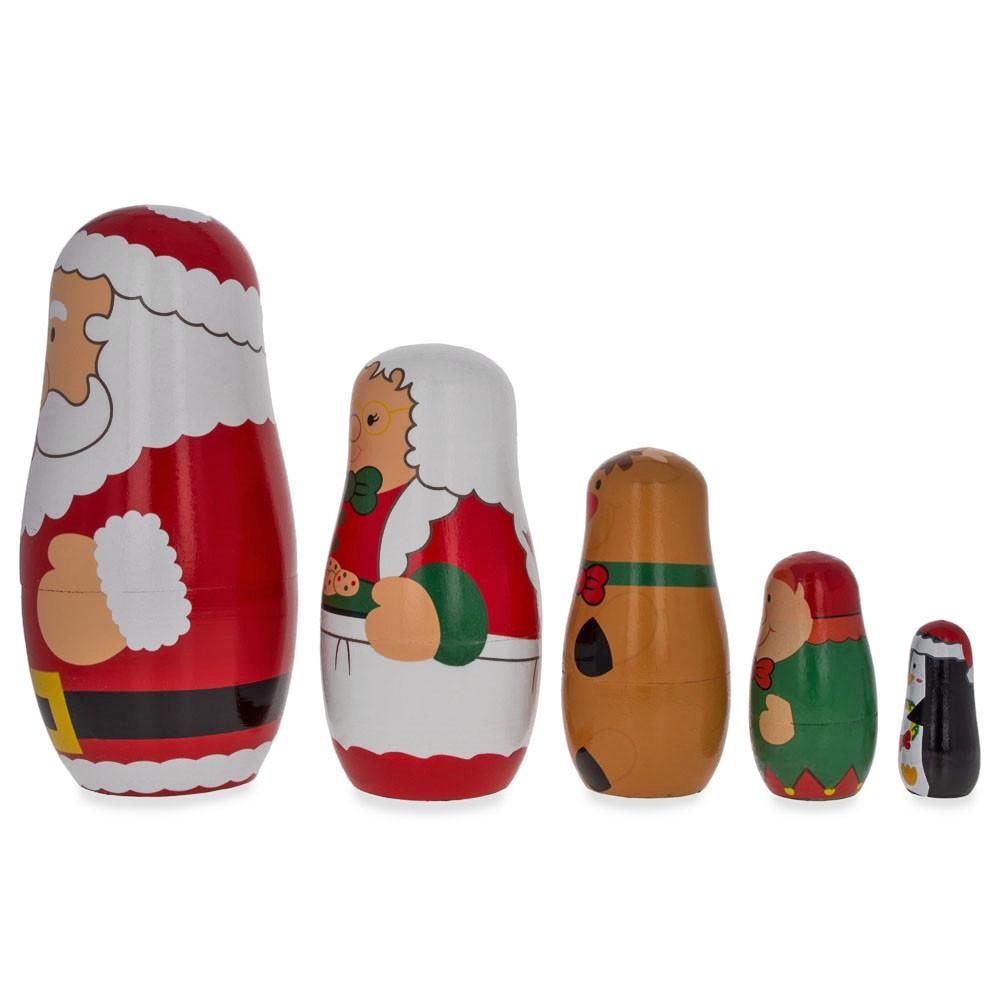 Santa Claus, Mrs. Claus, Reindeer, Elf Wooden Nesting Dolls 6 Inches