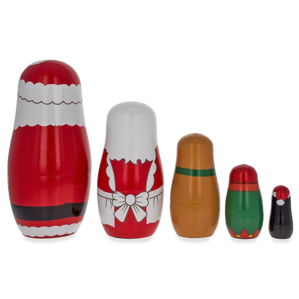 Santa Claus, Mrs. Claus, Reindeer, Elf Wooden Nesting Dolls 6 Inches