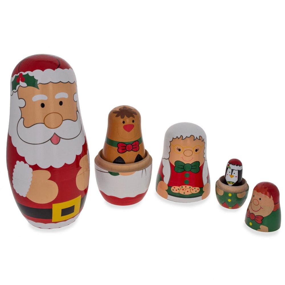 Santa Claus, Mrs. Claus, Reindeer, Elf Wooden Nesting Dolls 6 Inches