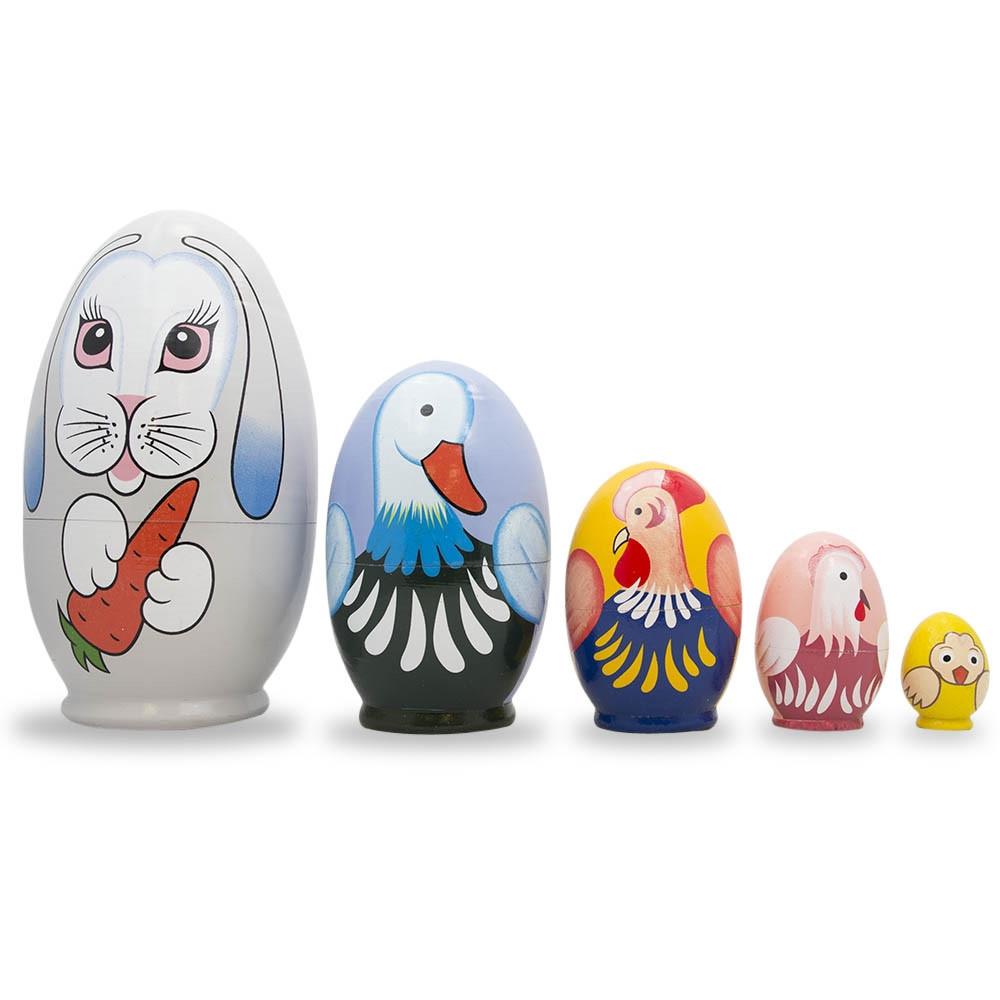 5 Bunny, Duck, Rooster, Hen & Chick Egg Shape Wooden Nesting Dolls 5 Inches