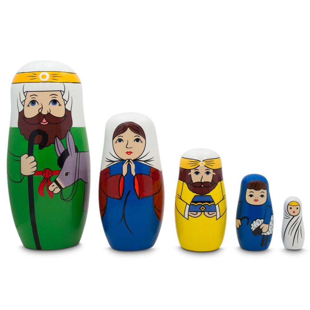 Joseph, Mary, And Jesus Nativity Scene Wooden Nesting Dolls 5.75 Inches