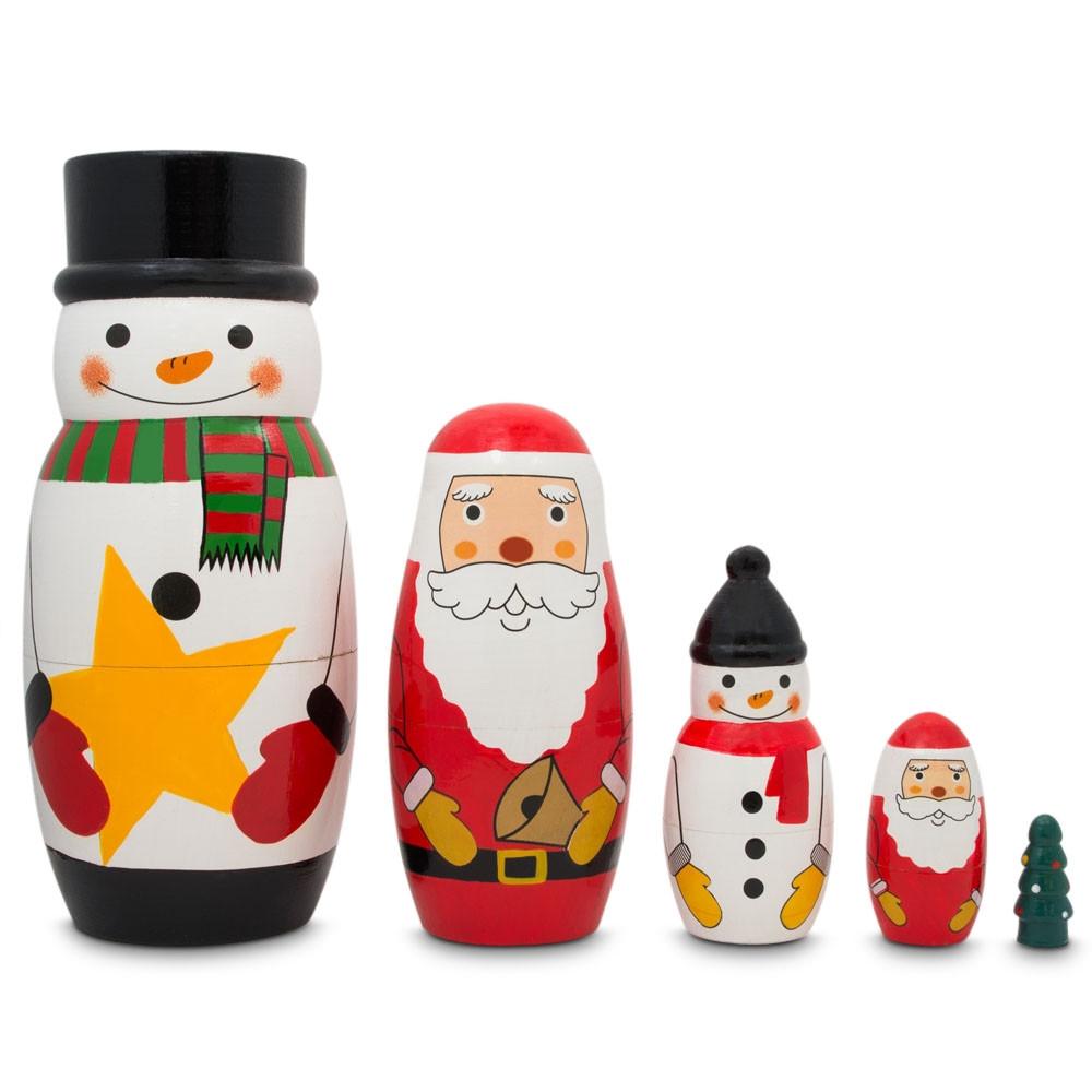 Santa, Snowman & Christmas Tree Wooden Nesting Dolls 5 Inches