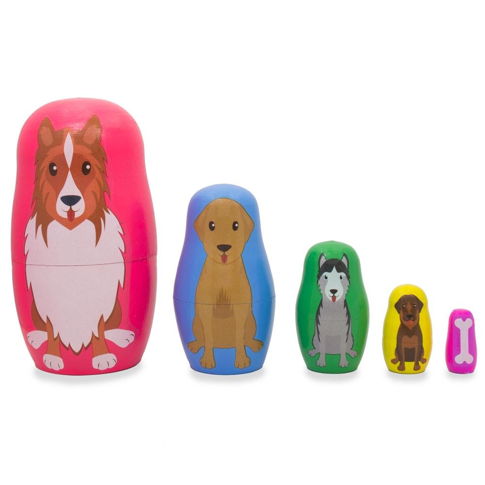 Dogs And Puppies With Bone Animal Wooden Nesting Dolls 4.75 Inches