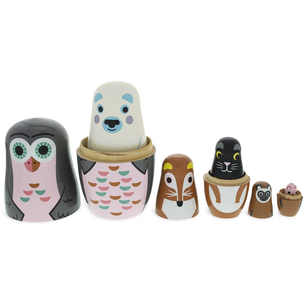 Set Of 6 Animals Wooden Nesting Dolls- Owl, Bear, Fox, Cat, Monkey, Pig