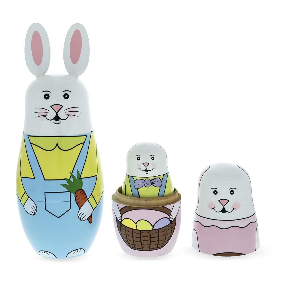 Set Of 5 Bunny Family & Carrot Wooden Nesting Dolls 7 Inches Tall