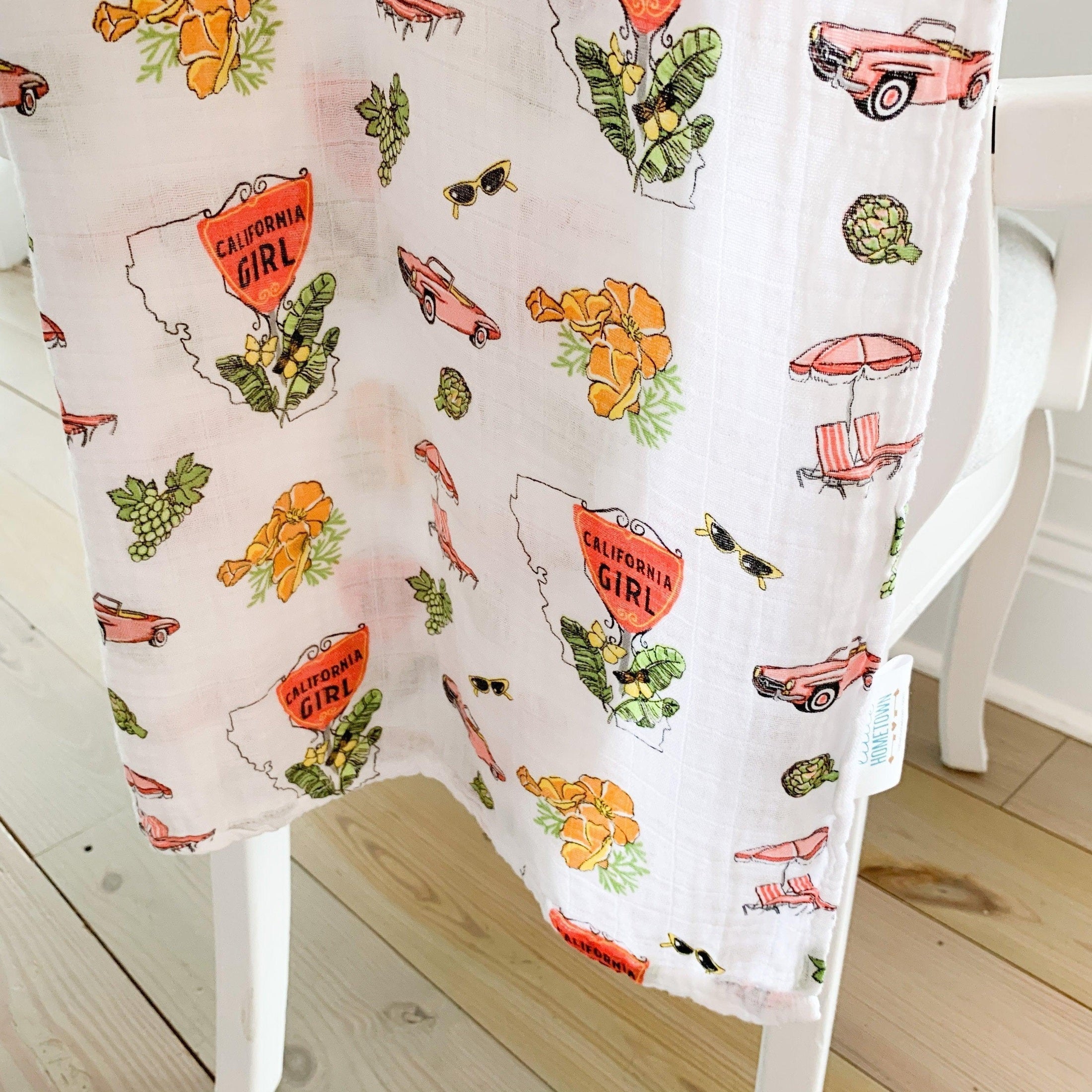 Gift Set: California Girl Muslin Swaddle Blanket And Burp Cloth/bib Combo