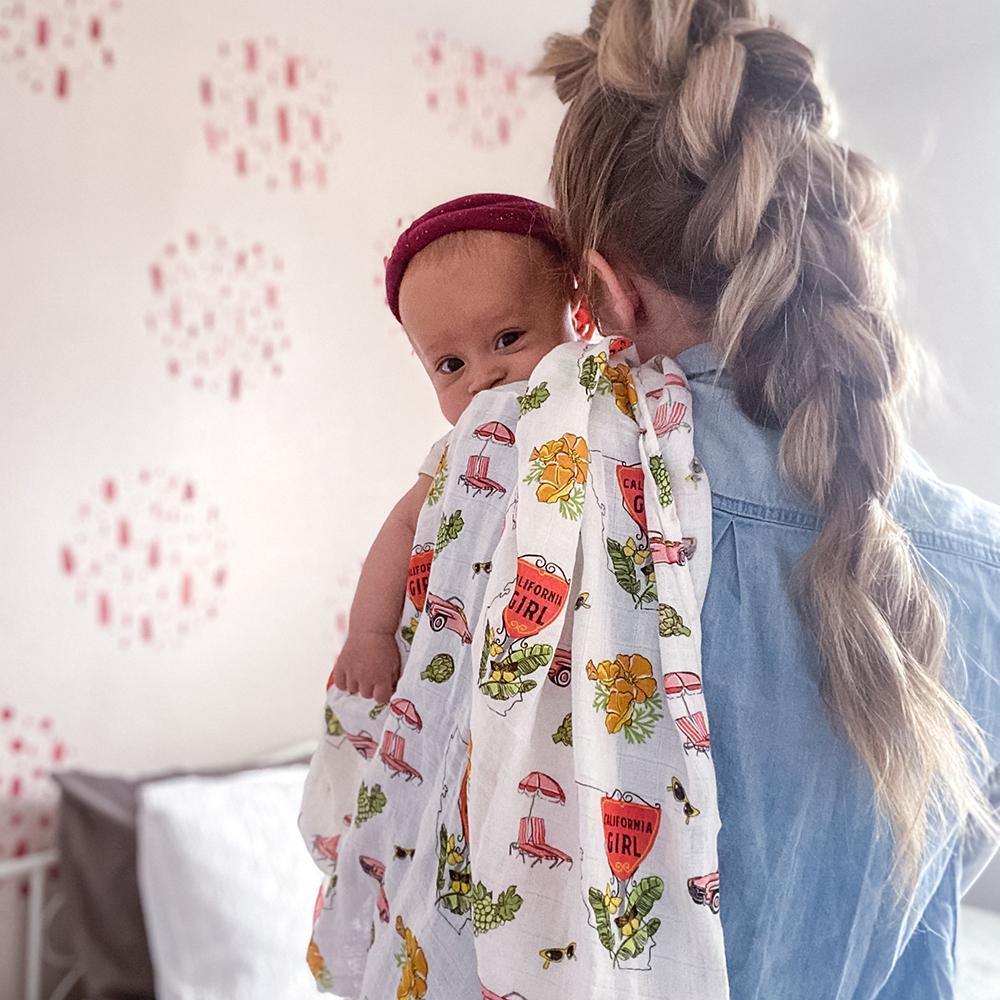 Gift Set: California Girl Muslin Swaddle Blanket And Burp Cloth/bib Combo