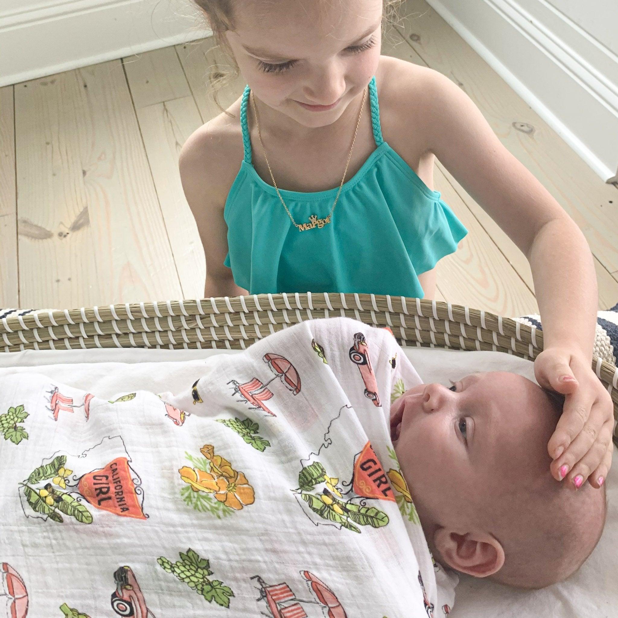 Gift Set: California Girl Muslin Swaddle Blanket And Burp Cloth/bib Combo