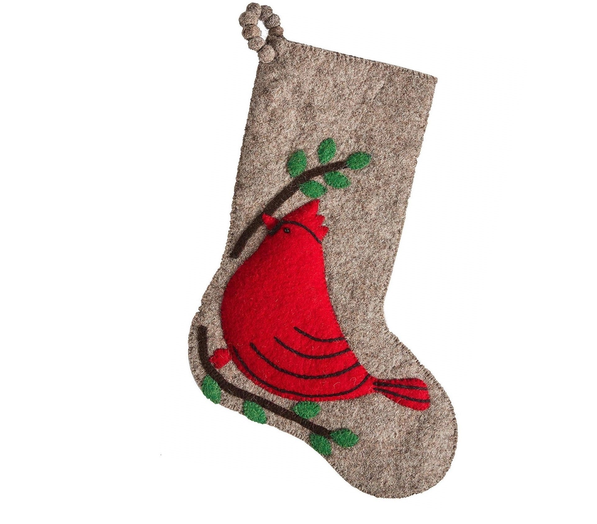 Cardinal Christmas Stocking Hand Felted Wool Gray