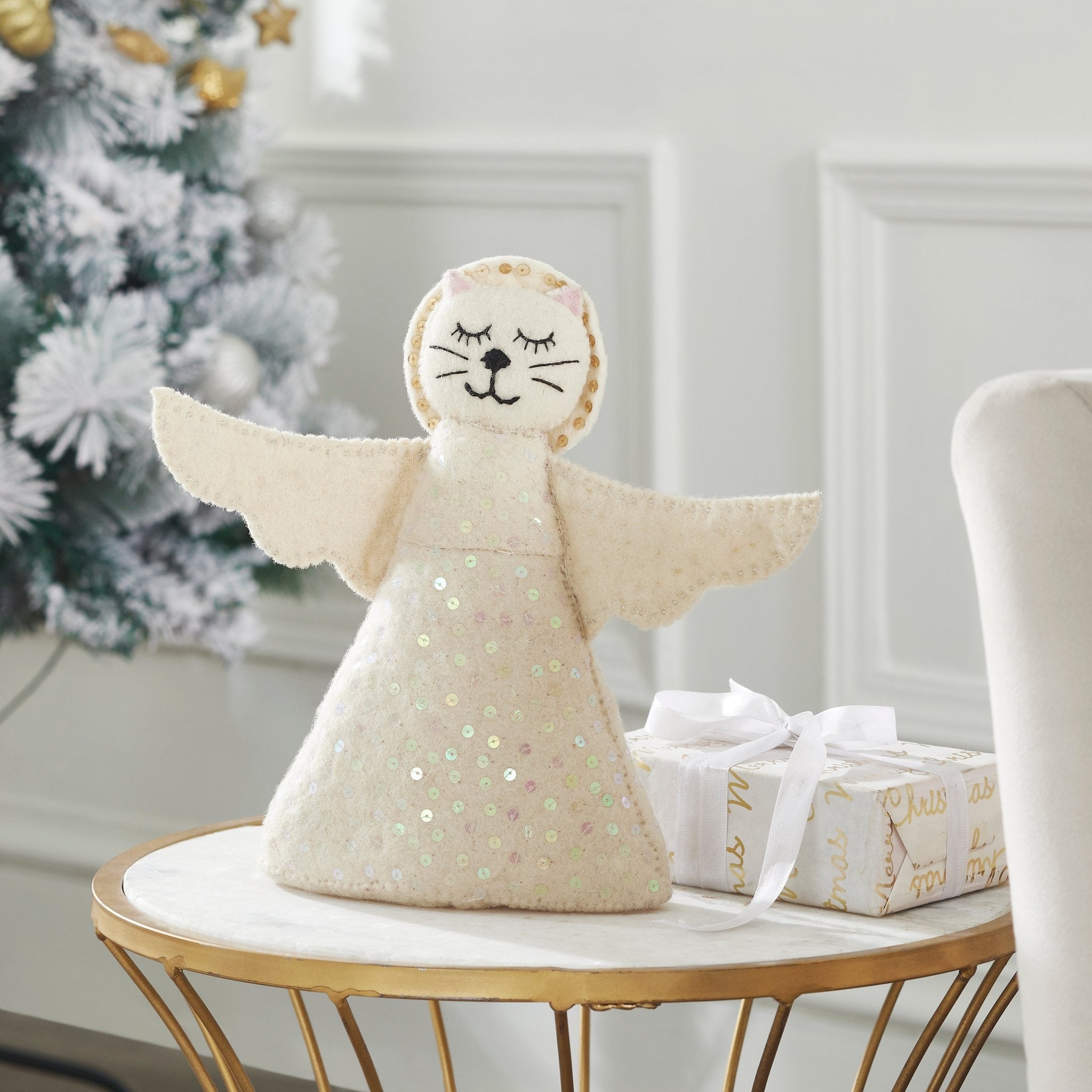 Handmade Cat Angel Felt Christmas Tree Topper Cream
