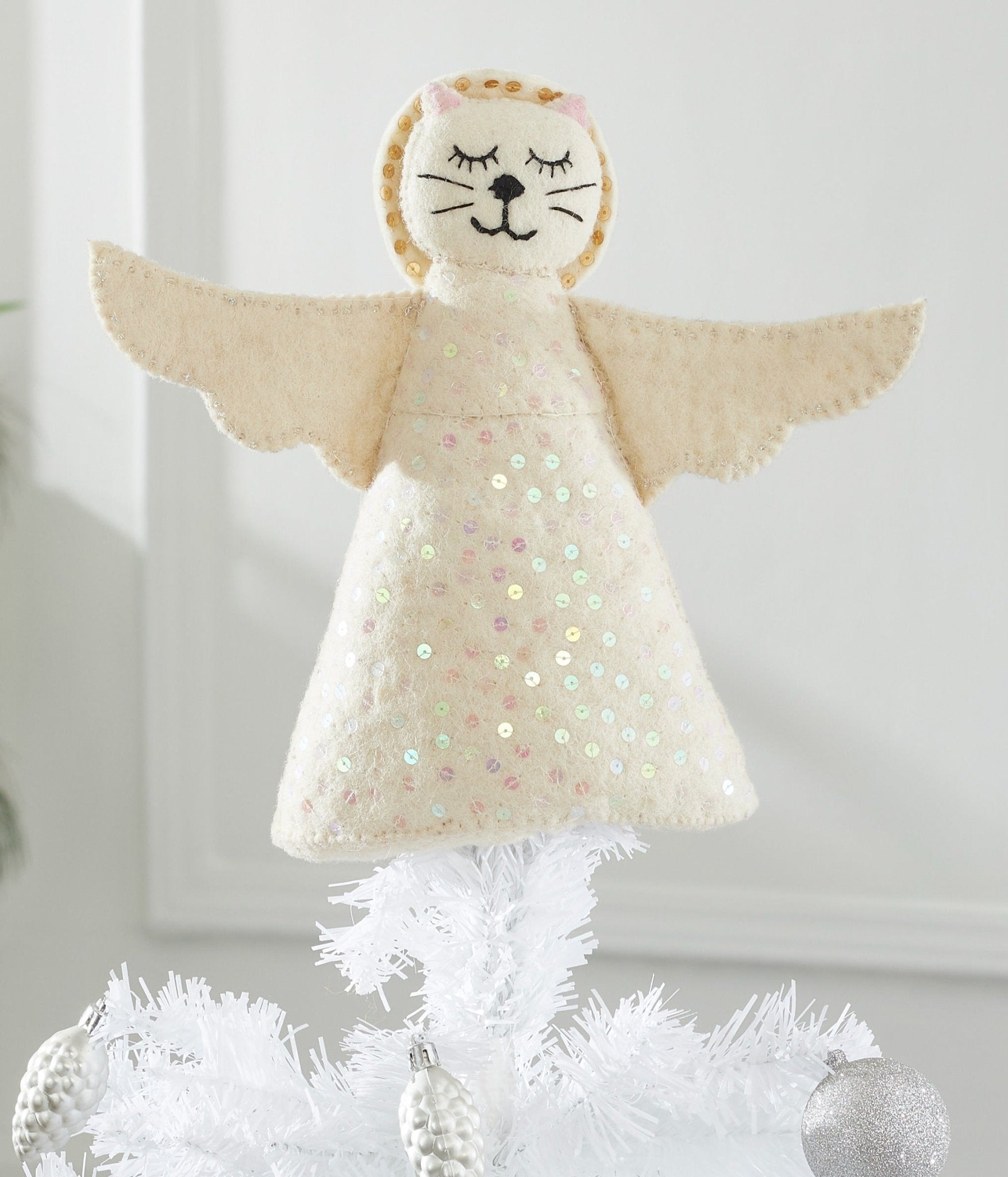Handmade Cat Angel Felt Christmas Tree Topper Cream
