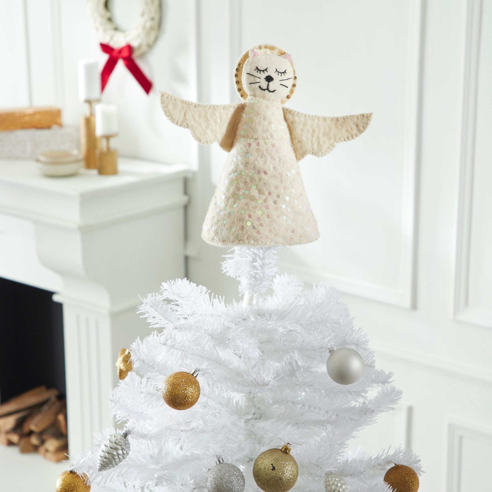 Handmade Cat Angel Felt Christmas Tree Topper Cream