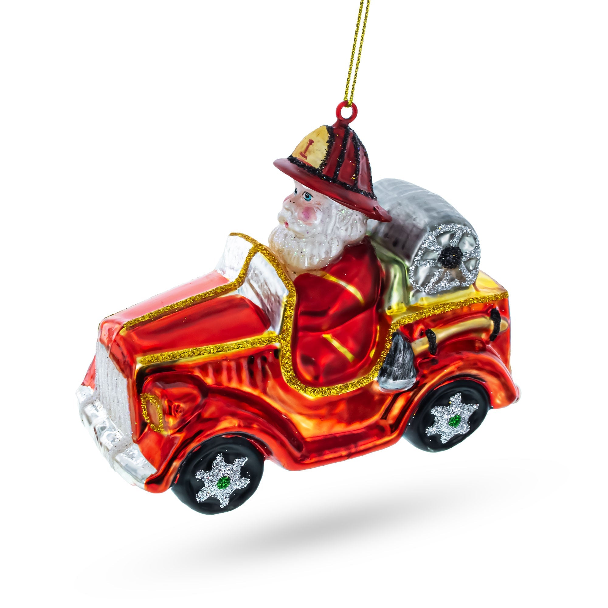 Heroic Santa Firefighter In Fireman Truck - Unique Blown Glass Christmas Ornament