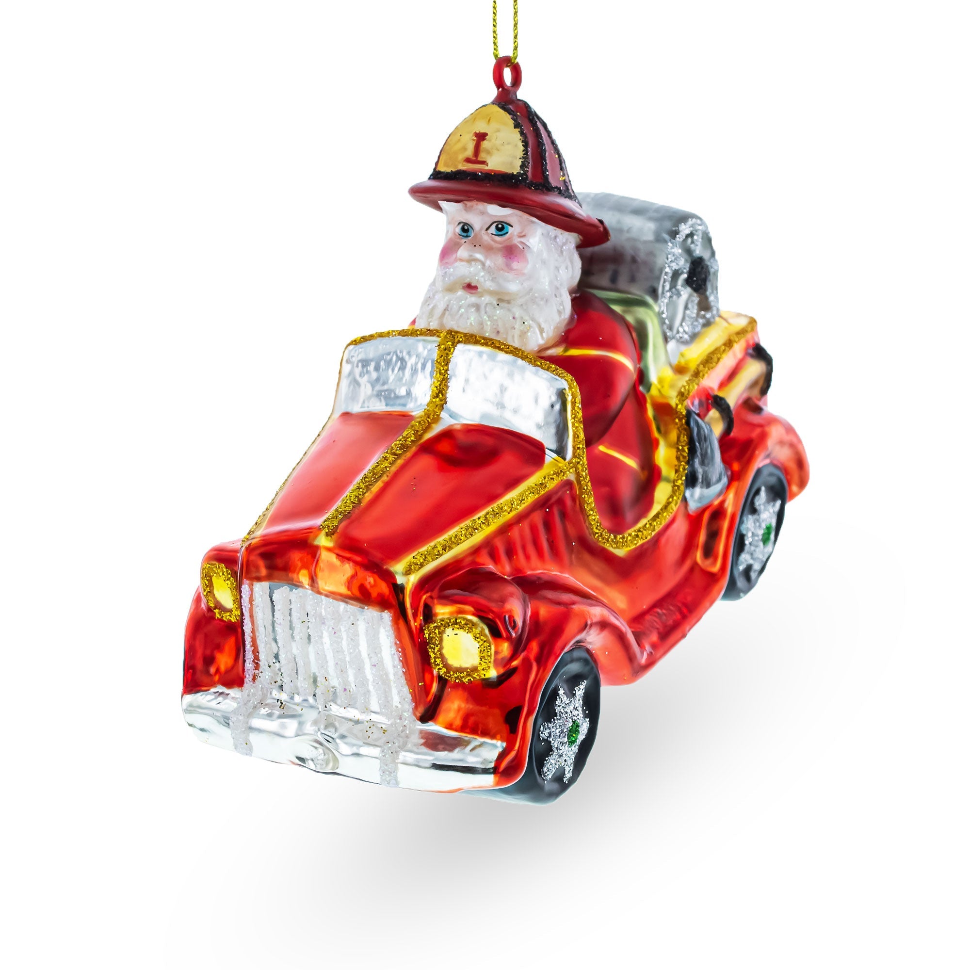 Heroic Santa Firefighter In Fireman Truck - Unique Blown Glass Christmas Ornament