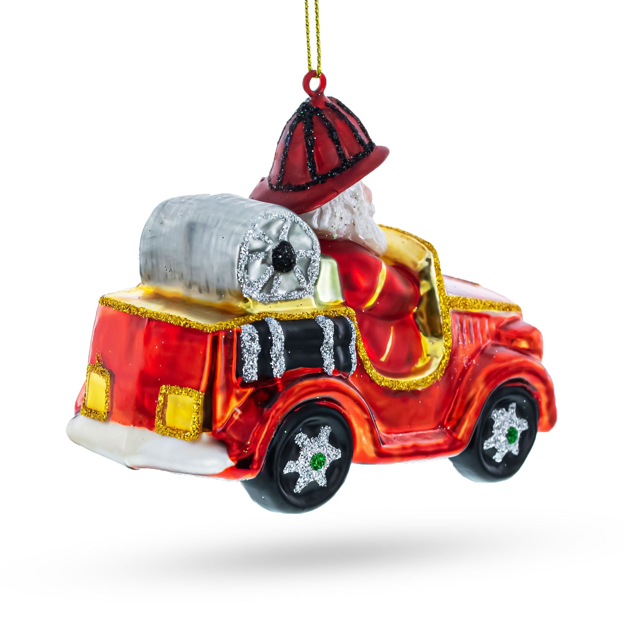 Heroic Santa Firefighter In Fireman Truck - Unique Blown Glass Christmas Ornament