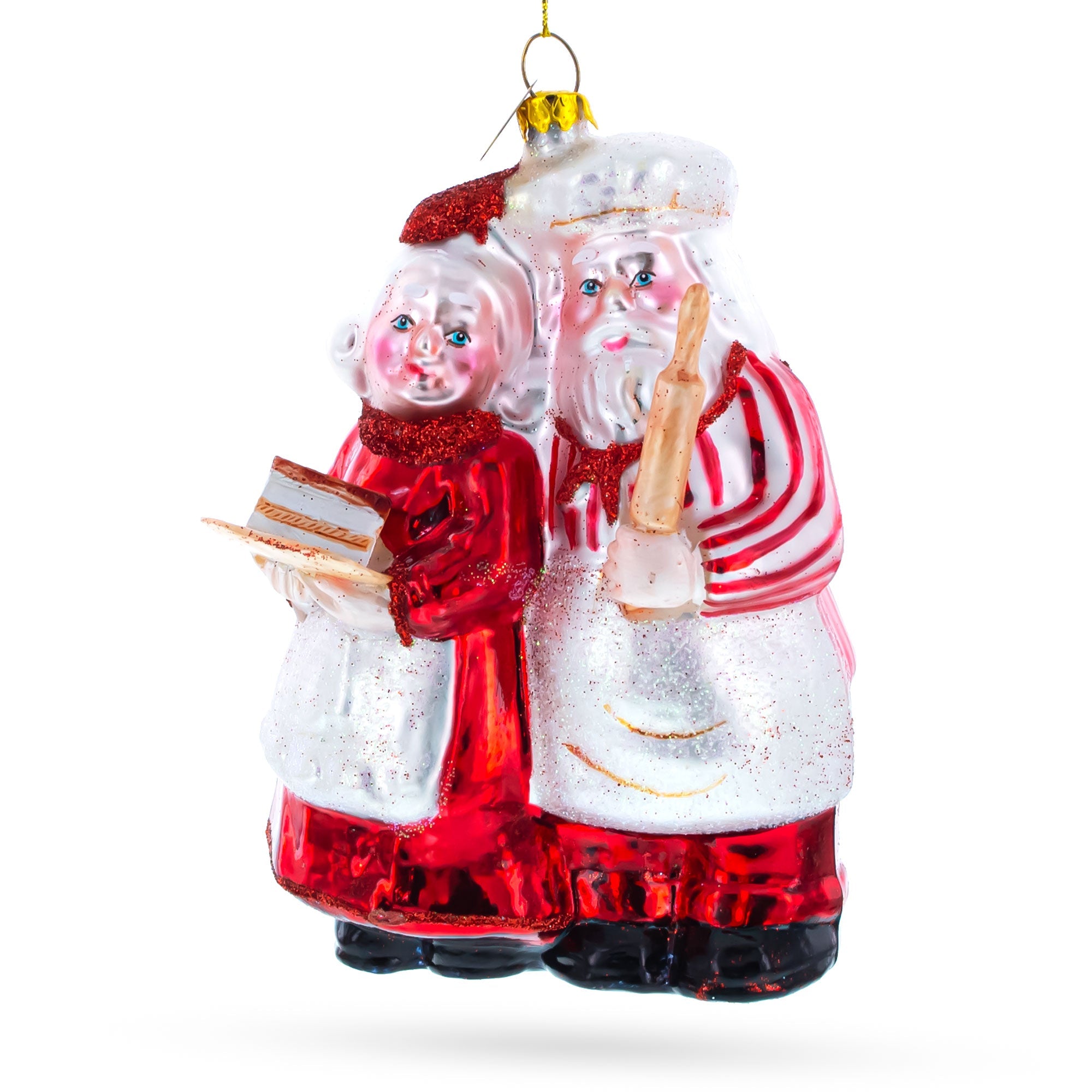 Delightful Mr. And Mrs. Santa Claus Baking Cake - Handcrafted Blown Glass Christmas Ornament