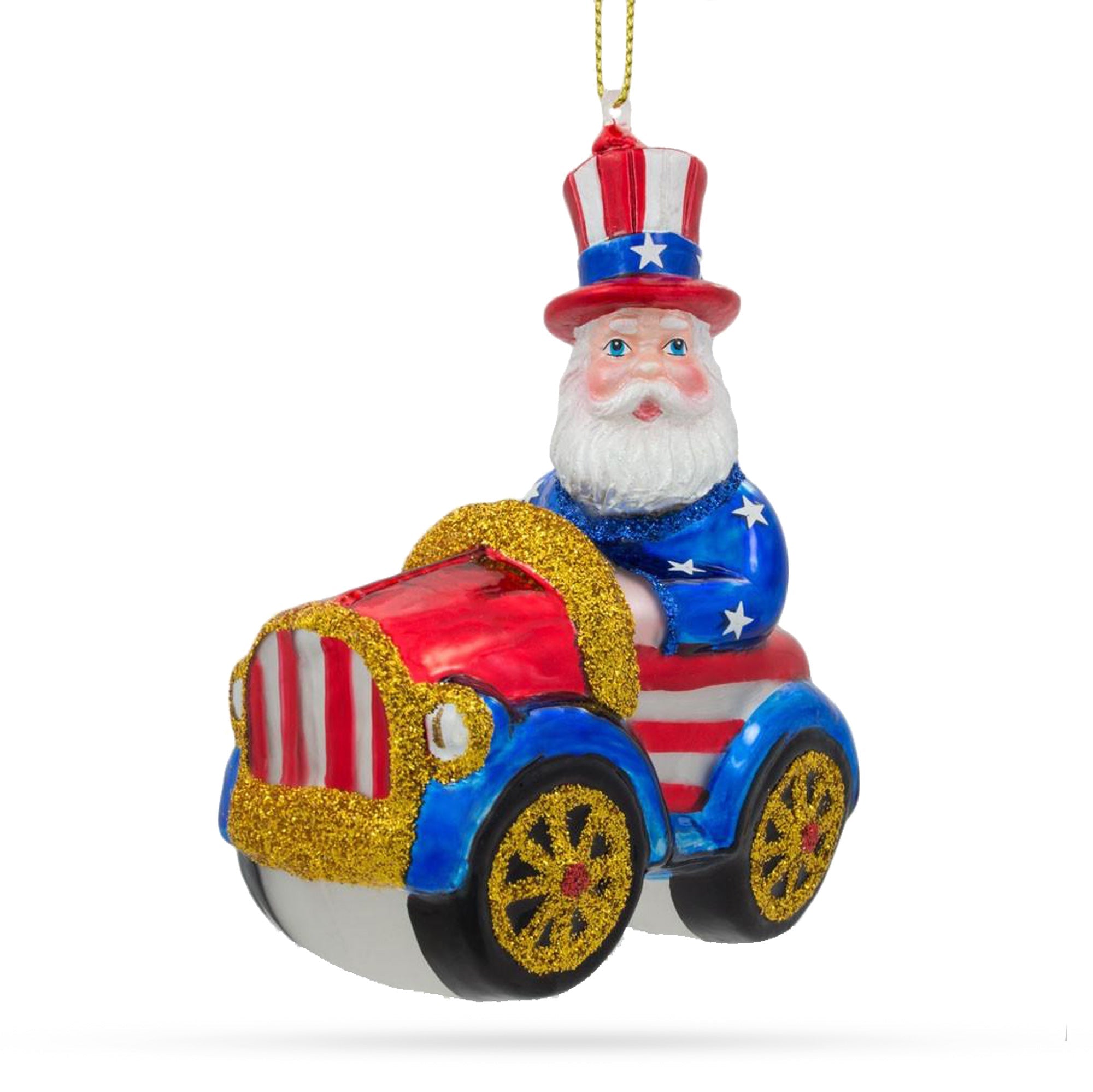 Patriotic Uncle Sam Santa Driving A Car - Blown Glass Christmas Ornament