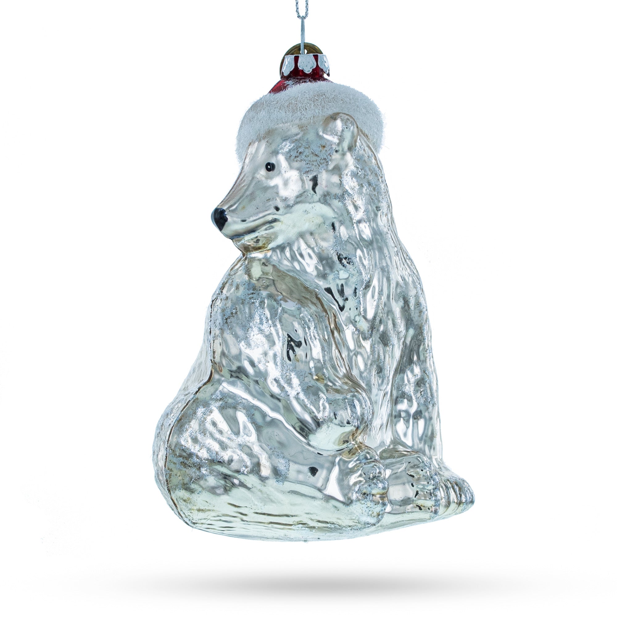 Polar Bear In Festive Red Christmas Hat - Splendid Blown Glass Christmas Ornament