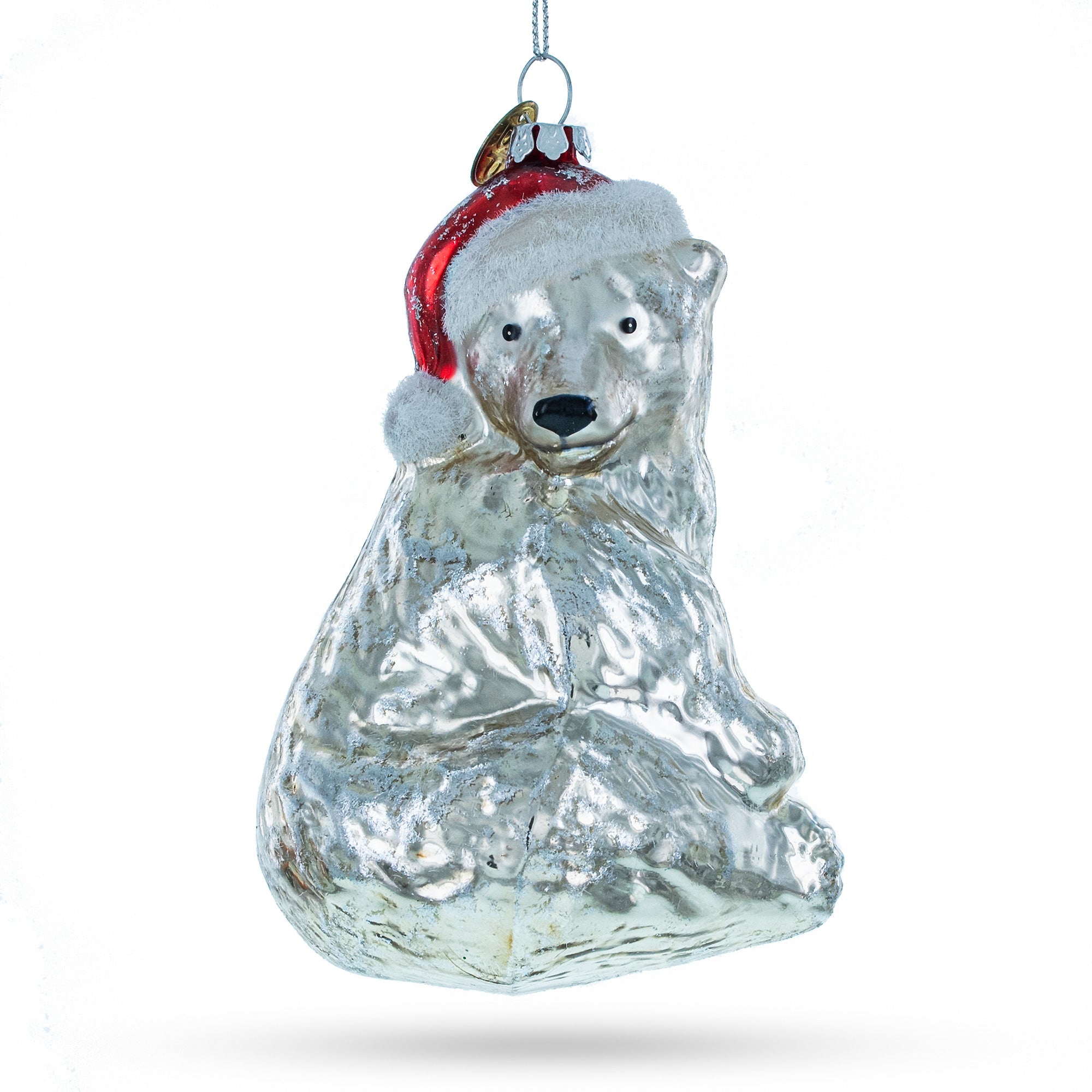 Polar Bear In Festive Red Christmas Hat - Splendid Blown Glass Christmas Ornament