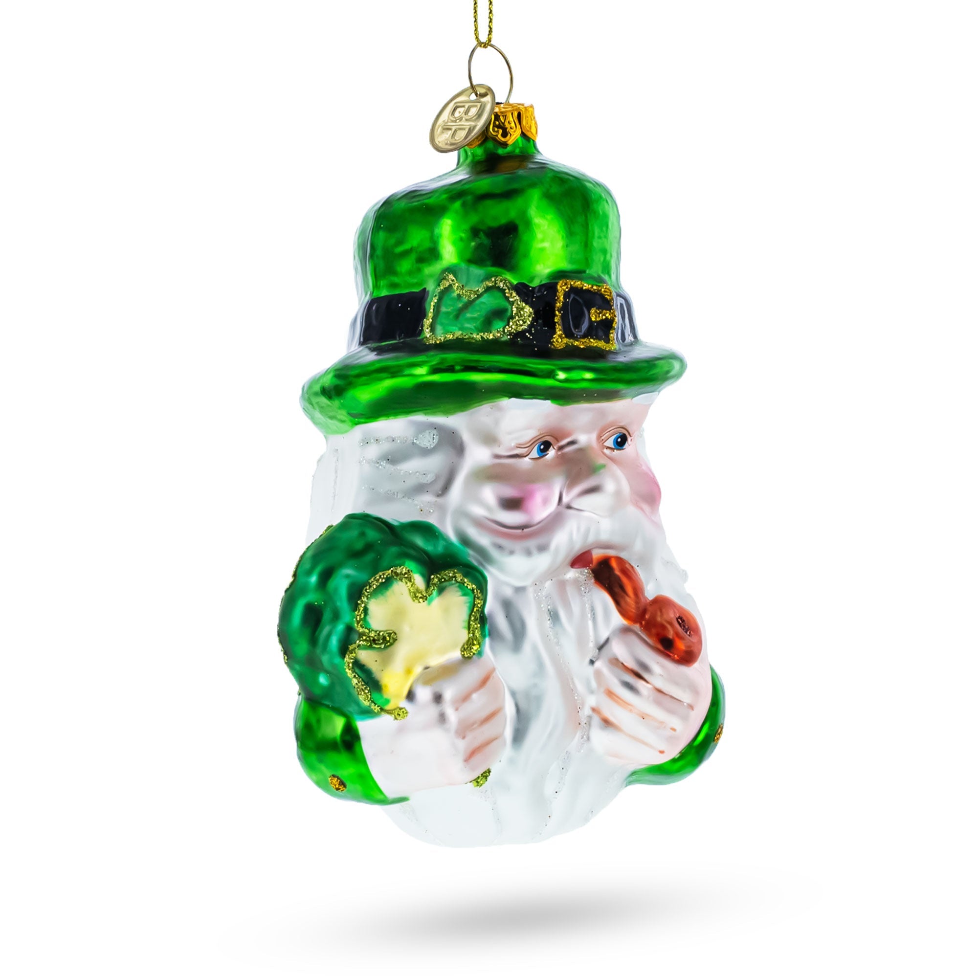 Irish Santa Holding A Pipe With Green Hat - Exquisite Blown Glass Christmas Ornament