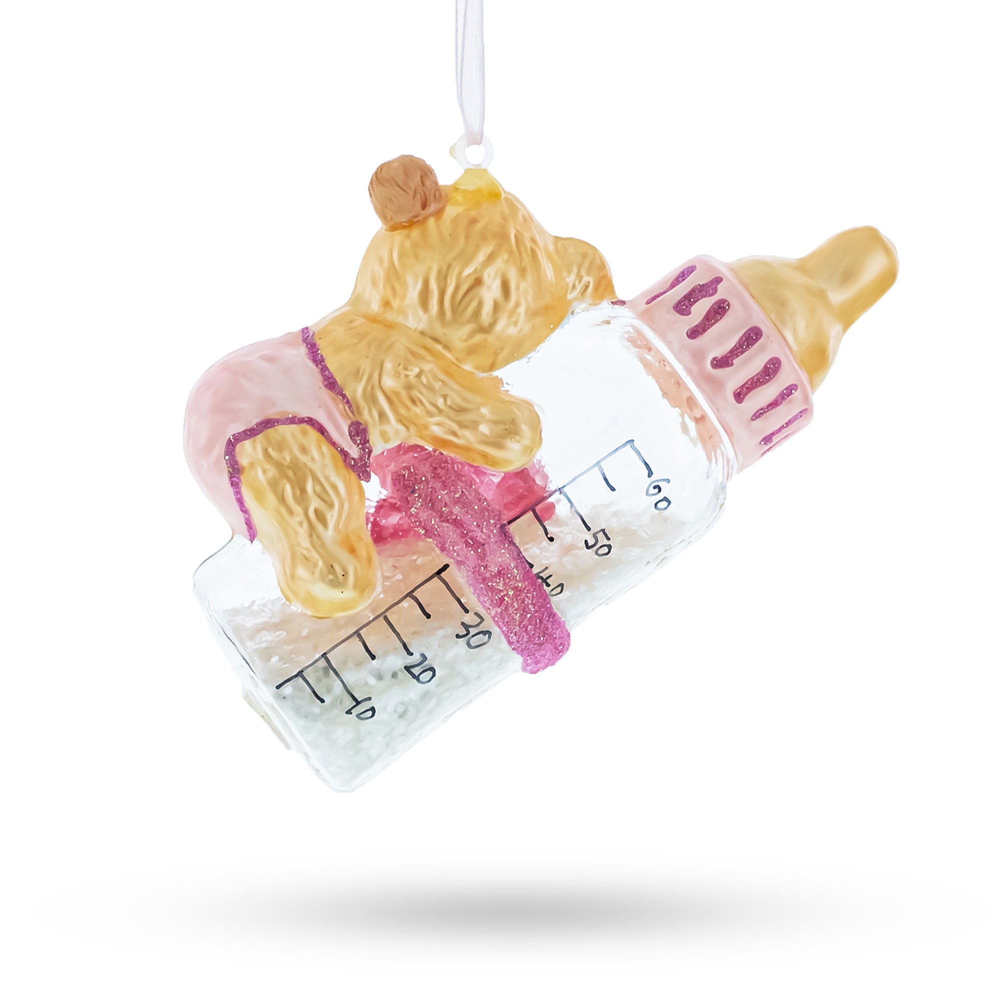 Sleeping Teddy Bear On Pink Glass Bottle - Baby's First - Delicate Blown Glass Christmas Ornament