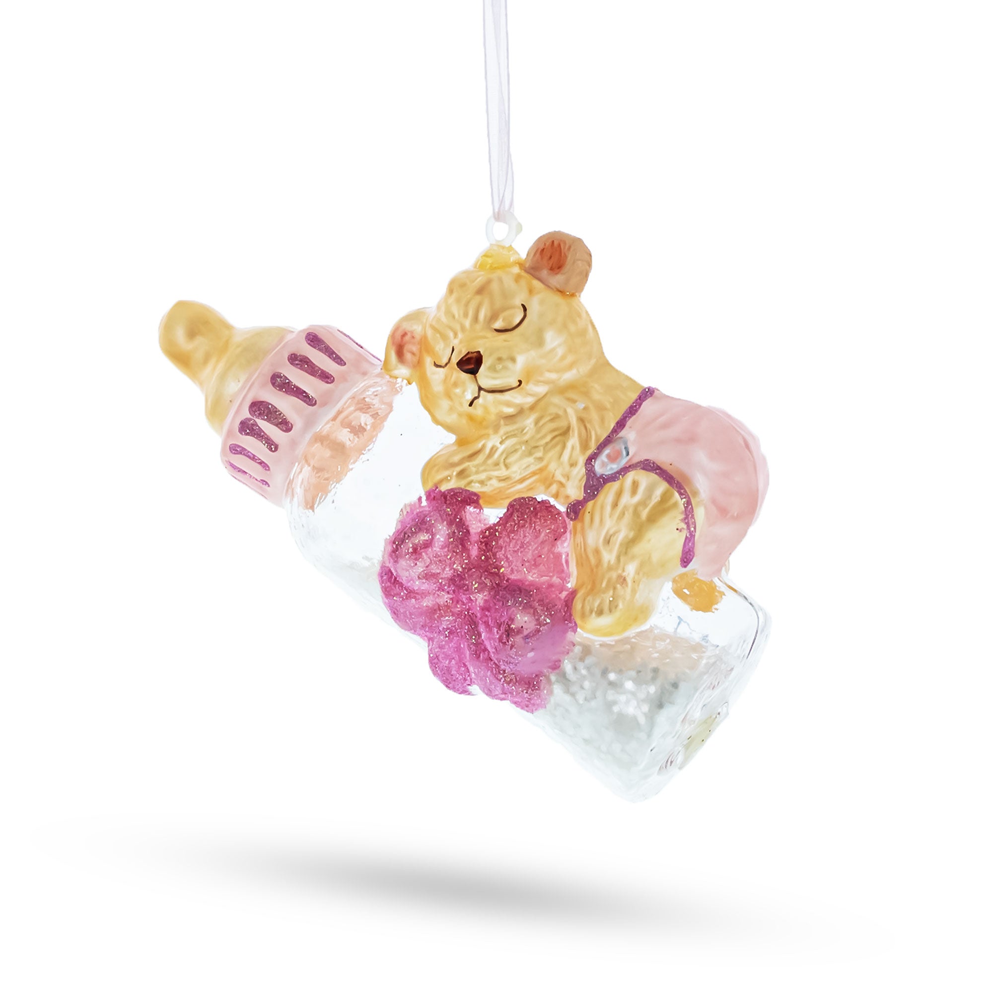 Sleeping Teddy Bear On Pink Glass Bottle - Baby's First - Delicate Blown Glass Christmas Ornament