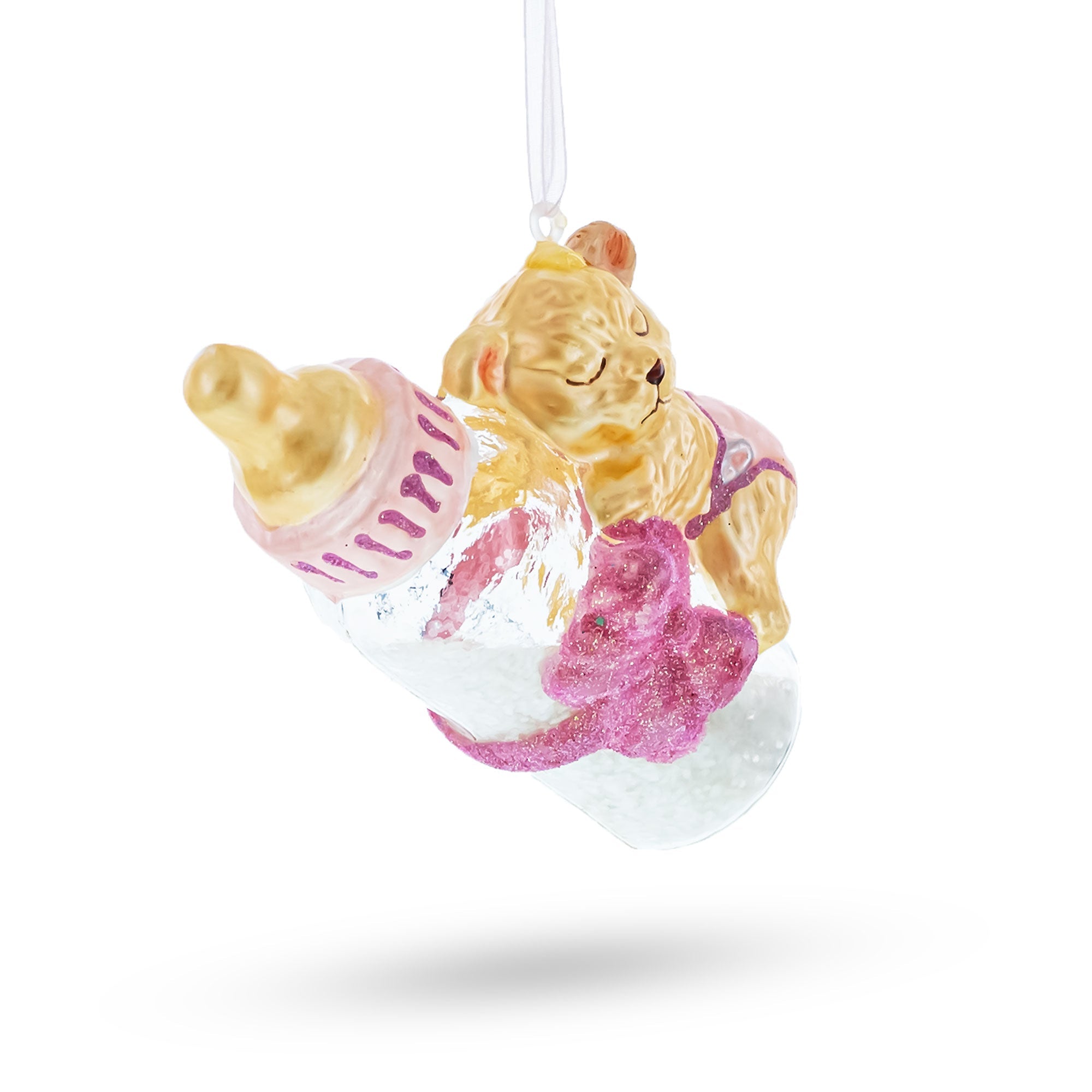 Sleeping Teddy Bear On Pink Glass Bottle - Baby's First - Delicate Blown Glass Christmas Ornament