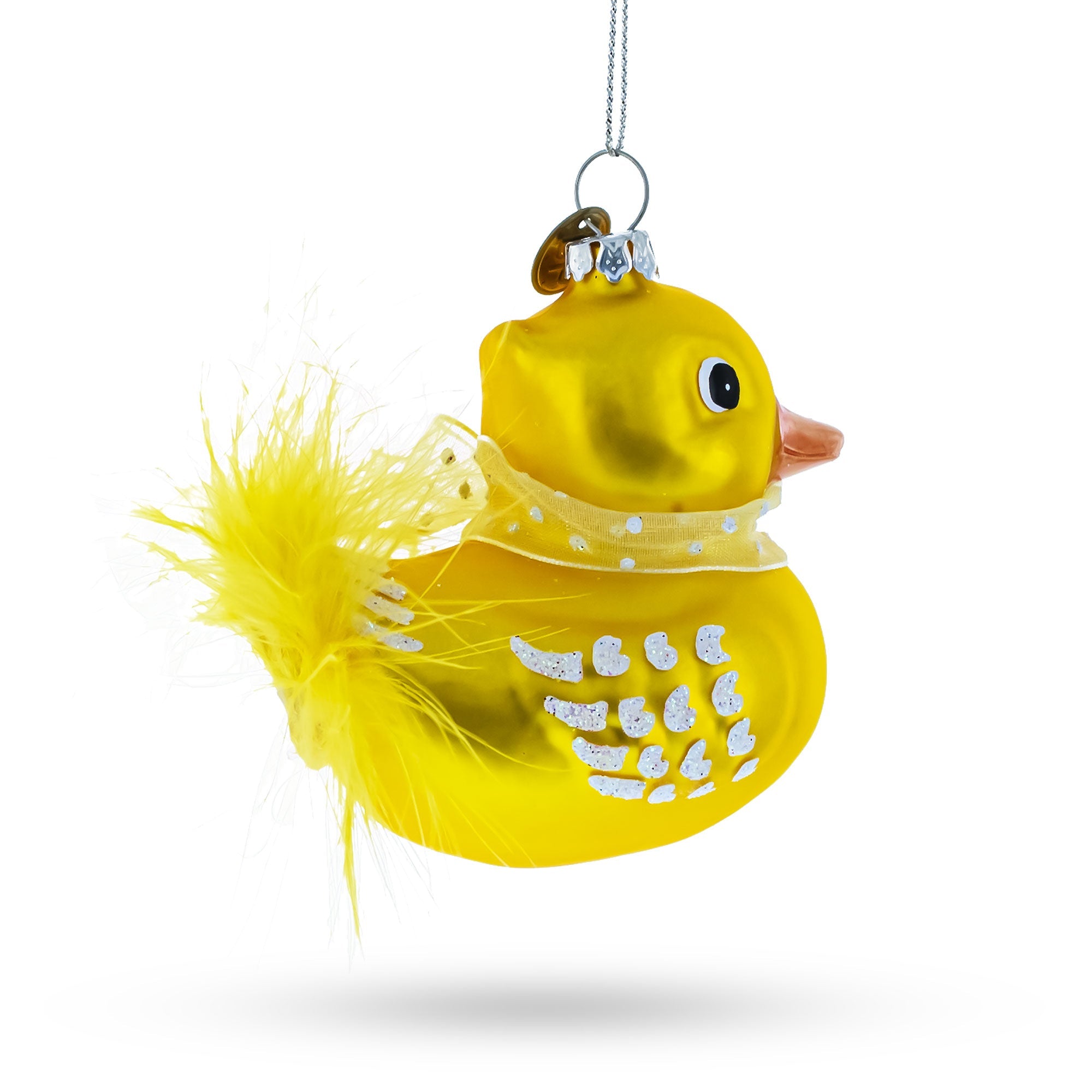 Yellow Duck Adorned With Fabric Bow - Lustrous Blown Glass Christmas Ornament