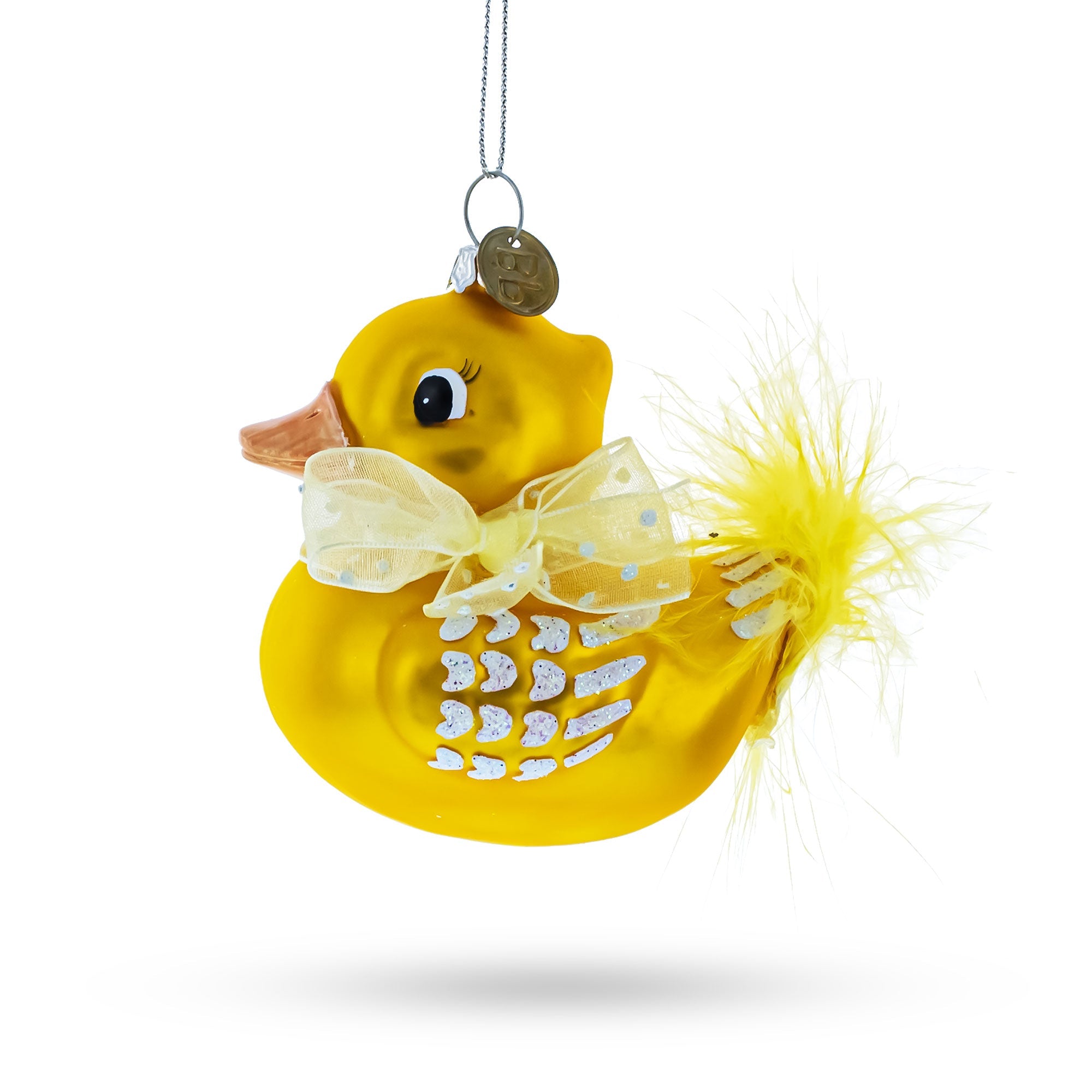 Yellow Duck Adorned With Fabric Bow - Lustrous Blown Glass Christmas Ornament