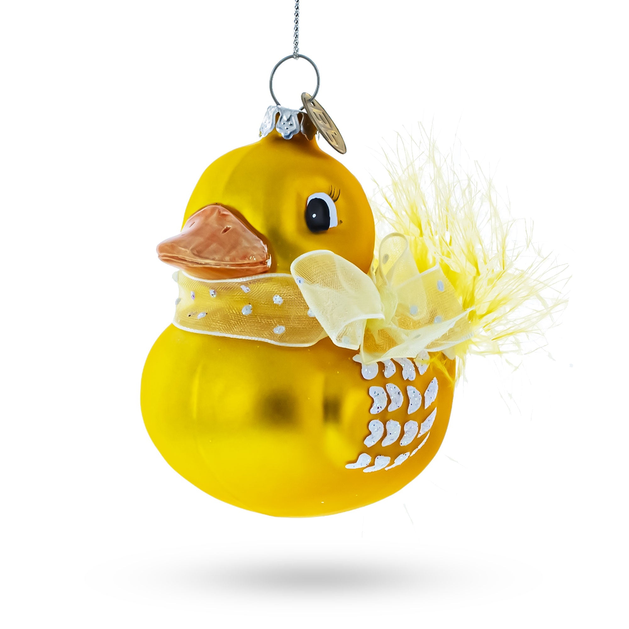 Yellow Duck Adorned With Fabric Bow - Lustrous Blown Glass Christmas Ornament