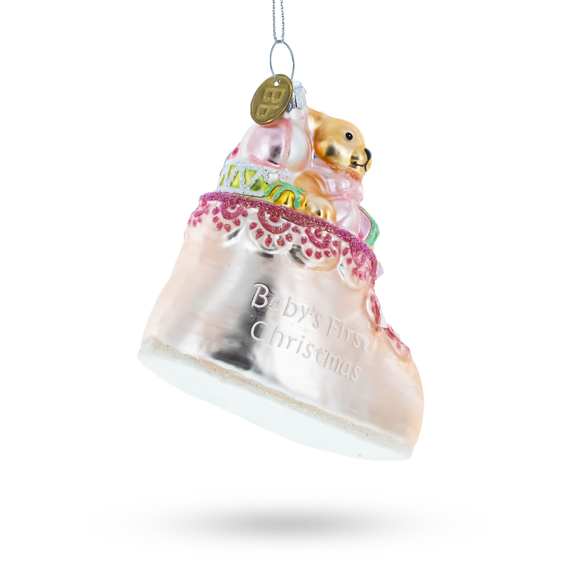 Teddy Bear Nestled In Pink Boot - Baby's First Blown - Lovable Blown Glass Christmas Ornament