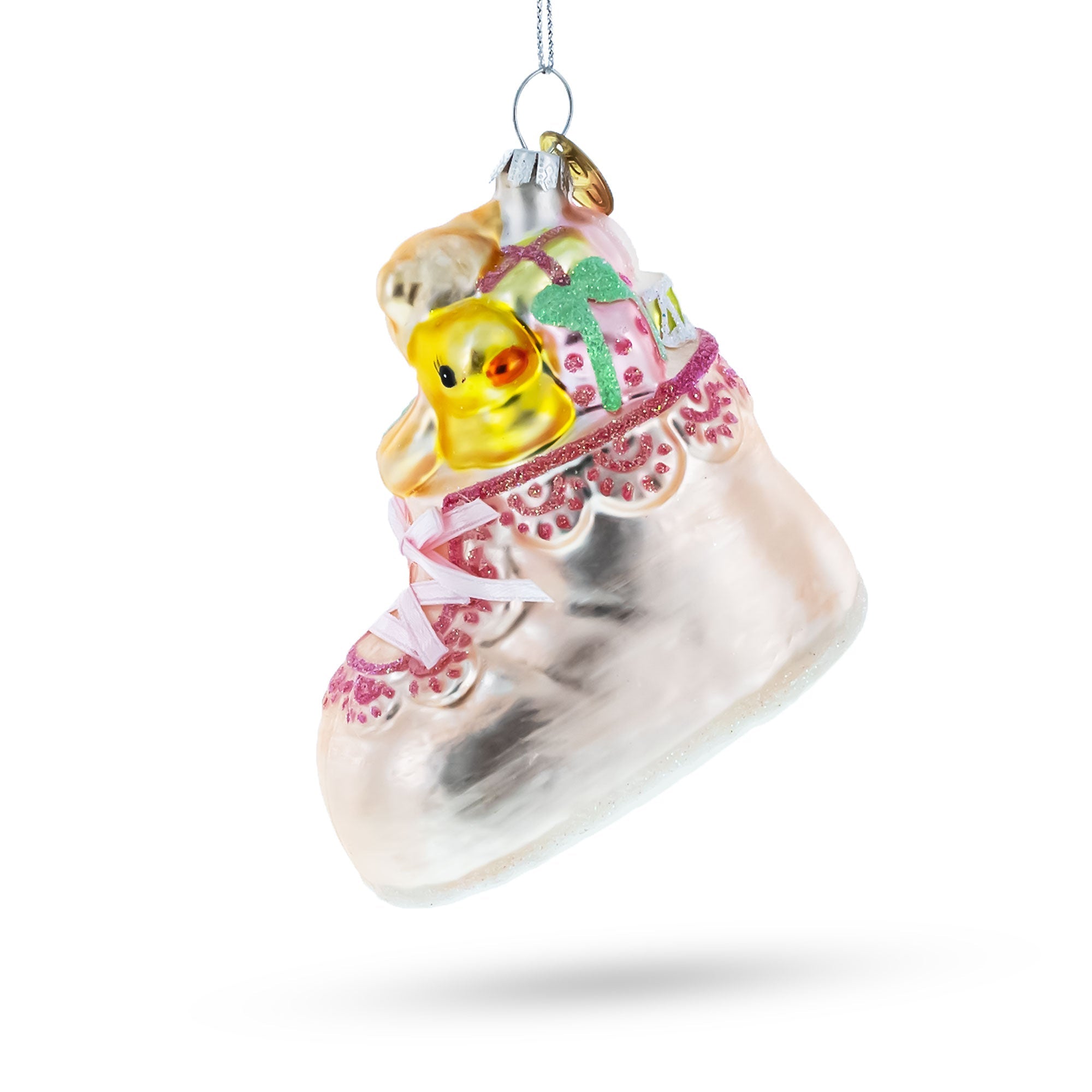 Teddy Bear Nestled In Pink Boot - Baby's First Blown - Lovable Blown Glass Christmas Ornament