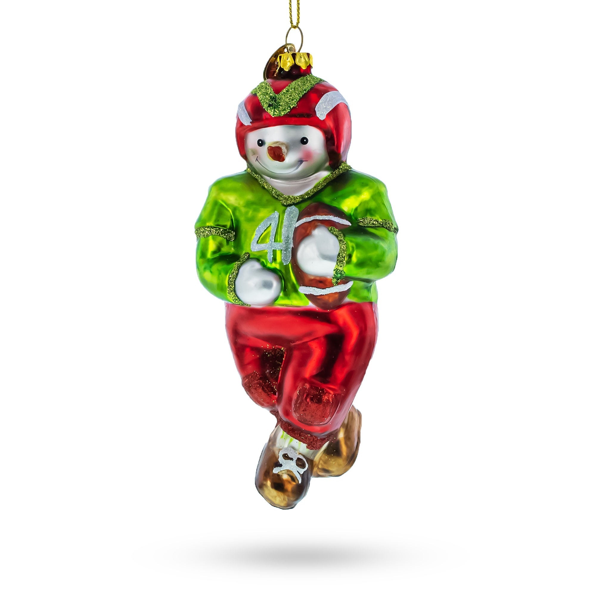 Athletic Snowman Playing Football - Captivating Blown Glass Christmas Ornament