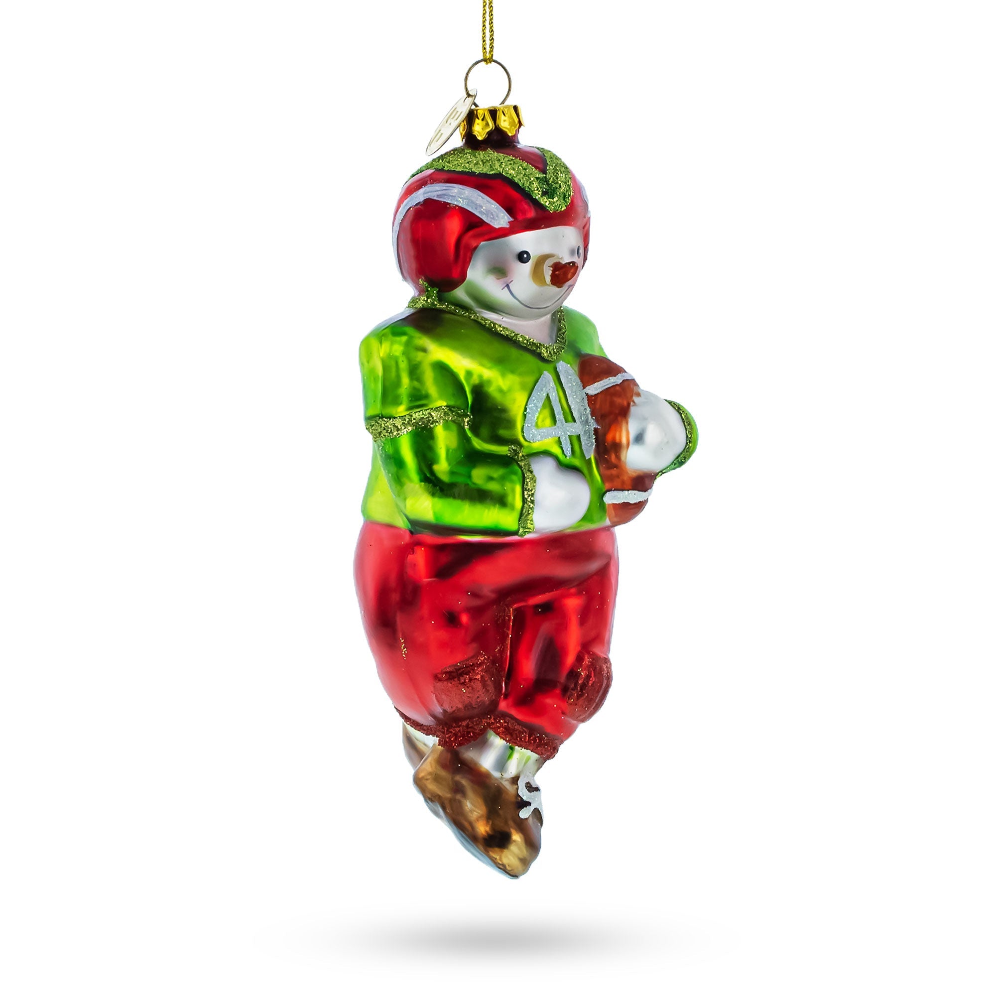 Athletic Snowman Playing Football - Captivating Blown Glass Christmas Ornament