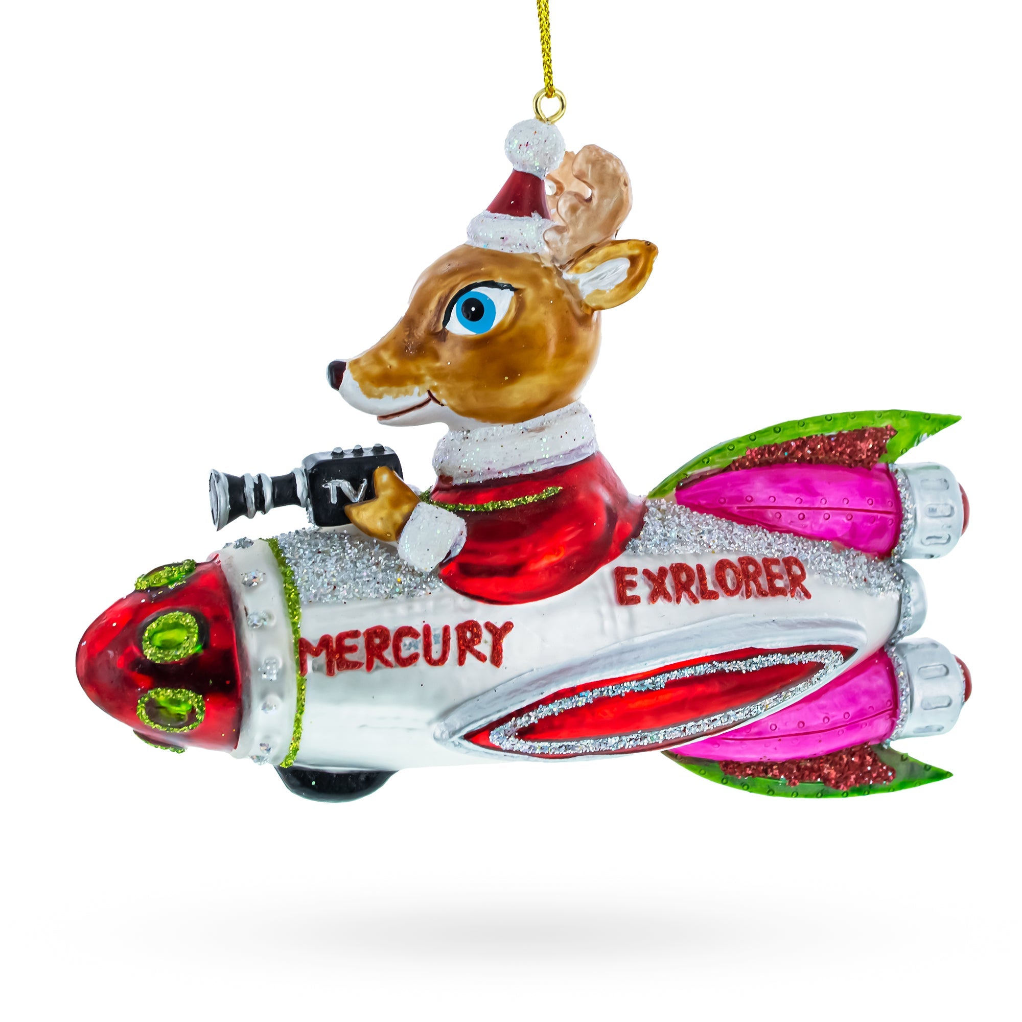 Innovative Deer Cameraman Aboard Space Rocket - Blown Glass Christmas Ornament