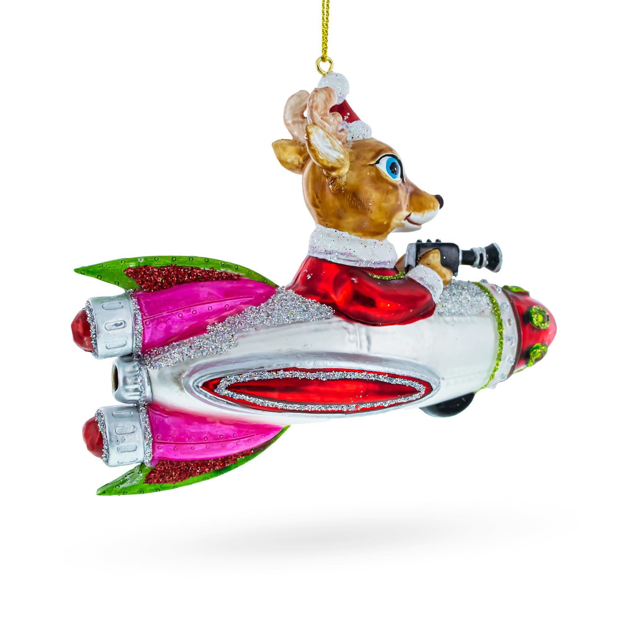 Innovative Deer Cameraman Aboard Space Rocket - Blown Glass Christmas Ornament