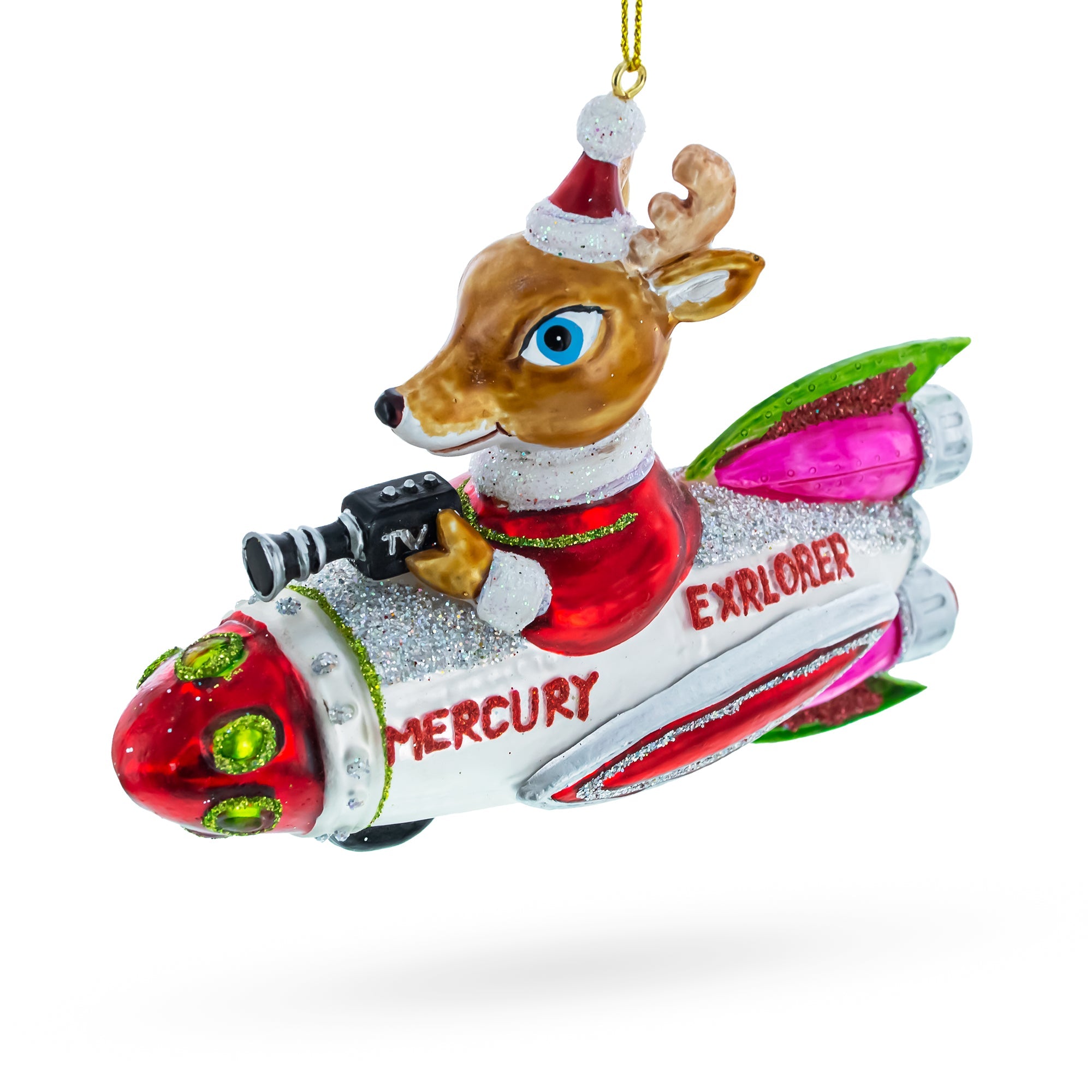 Innovative Deer Cameraman Aboard Space Rocket - Blown Glass Christmas Ornament