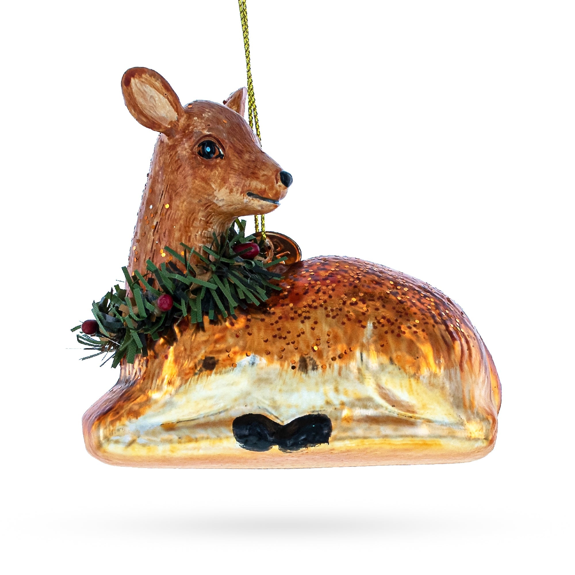 Graceful Deer Adorned With Christmas Wreath - Magnificent Blown Glass Christmas Ornament