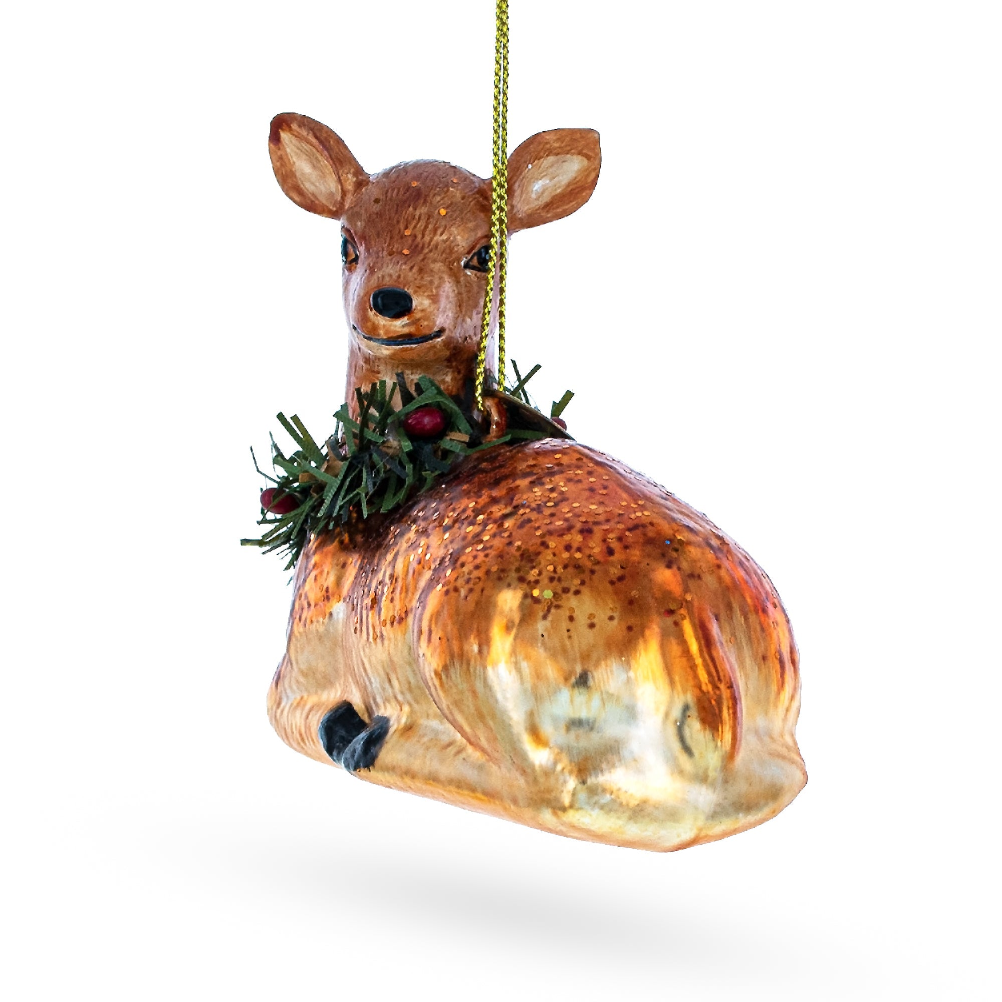 Graceful Deer Adorned With Christmas Wreath - Magnificent Blown Glass Christmas Ornament