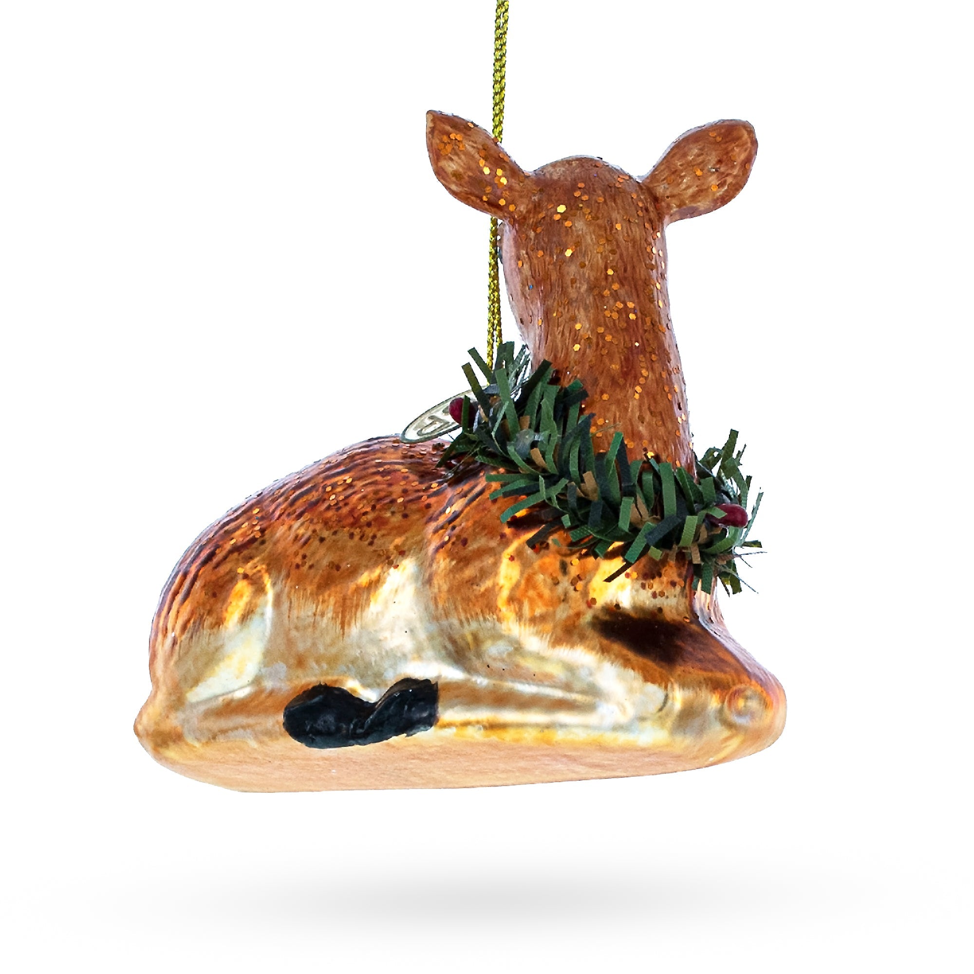 Graceful Deer Adorned With Christmas Wreath - Magnificent Blown Glass Christmas Ornament