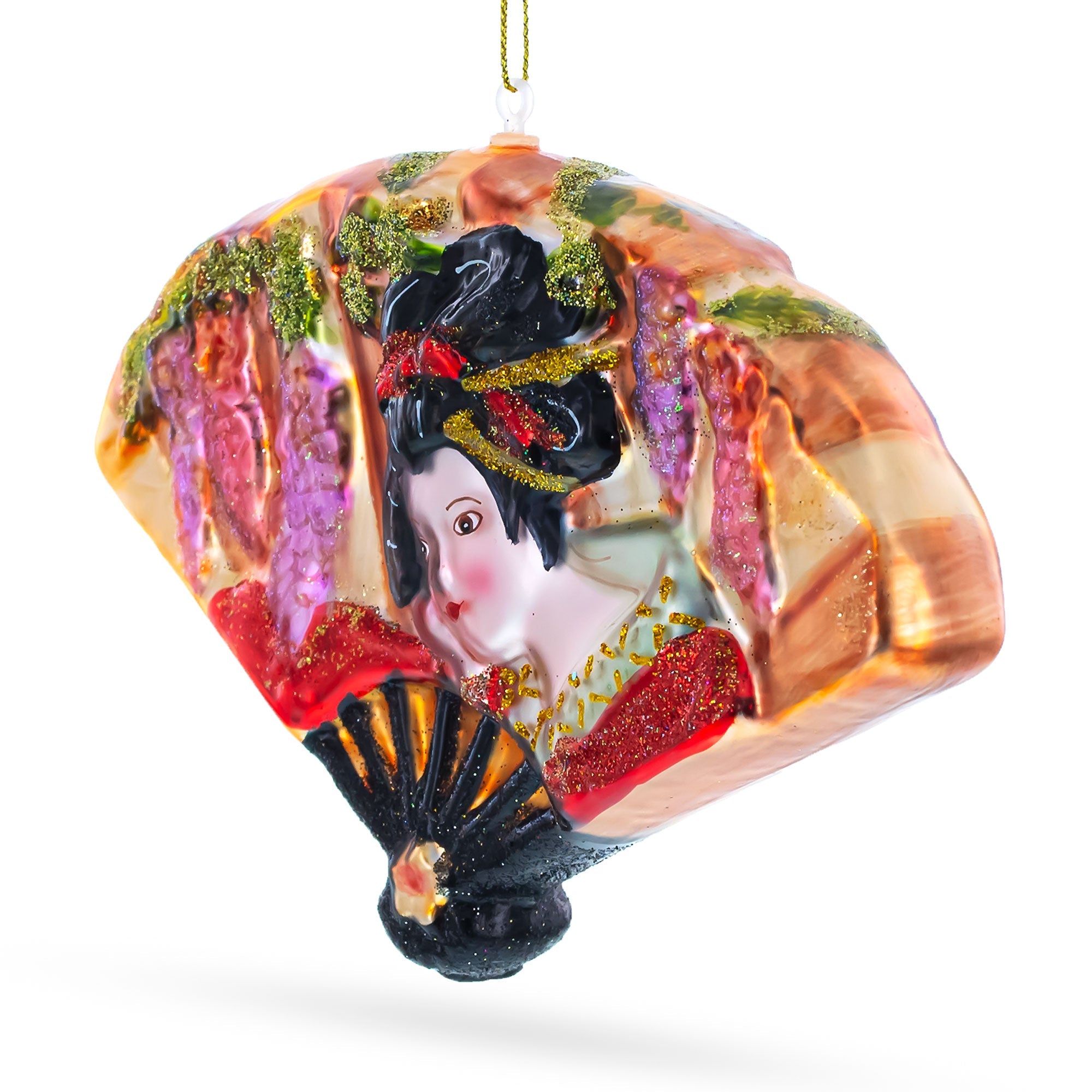 Traditional Japaneeses Geisha Fan Blown Glass Christmas Ornament